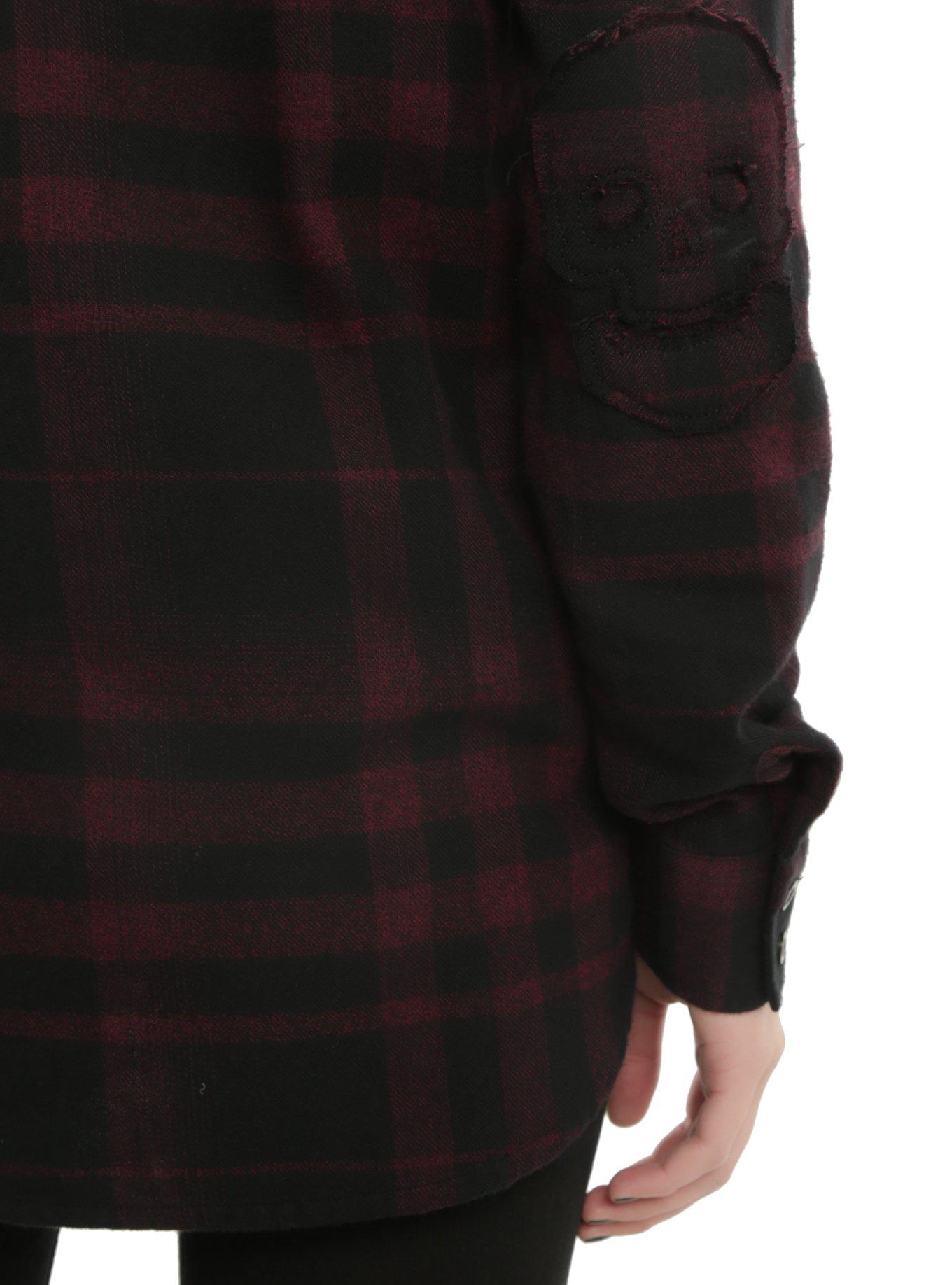 Burgundy & Black Plaid Hooded Girls Woven Button-Up, , alternate