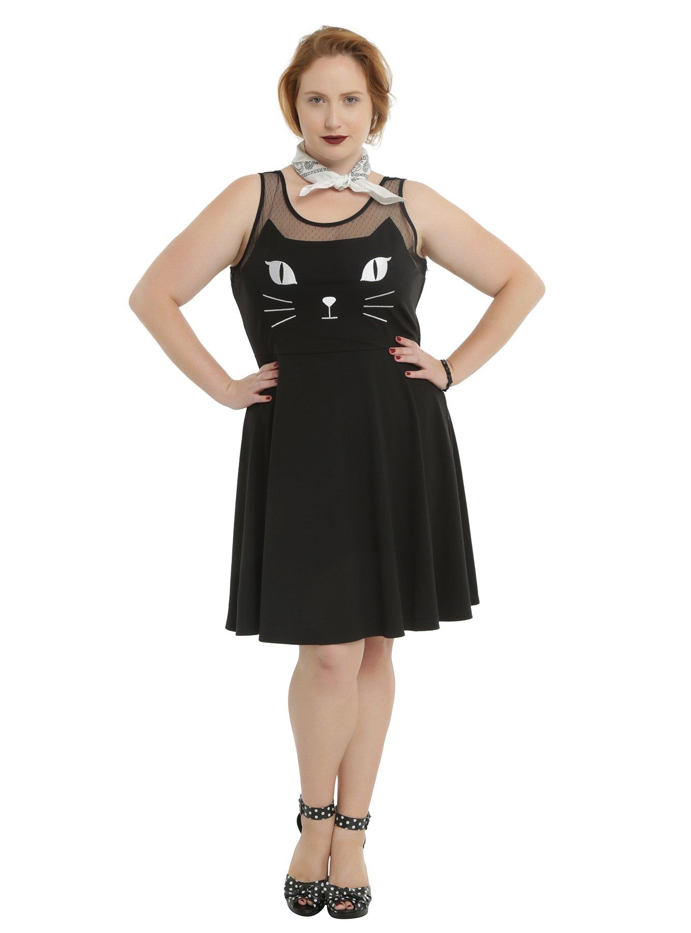 Black Kitty Cat Sleeveless Skater Dress Plus Size, , alternate