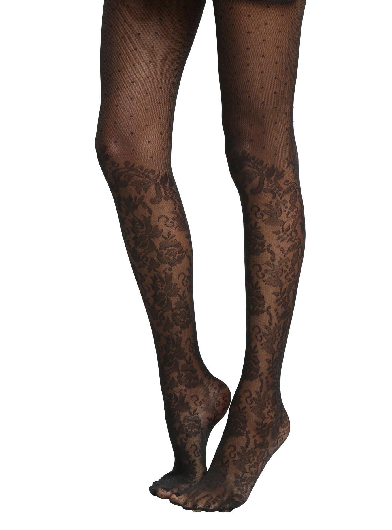 Blackheart Sheer Black Polka Dot Knee High Floral Tights, , alternate