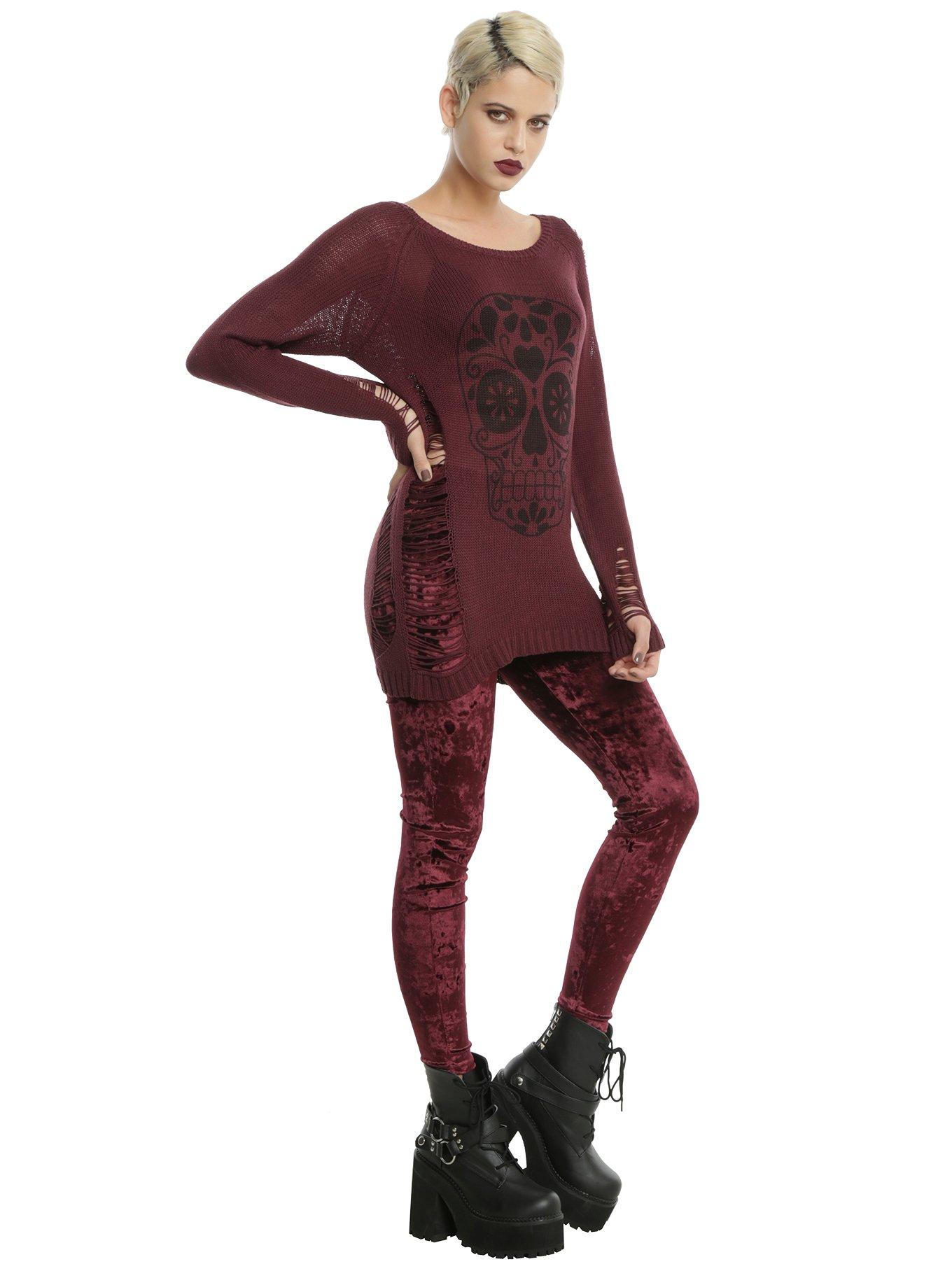 Burgundy & Black Sugar Skull Destructed Girls Sweater, , alternate