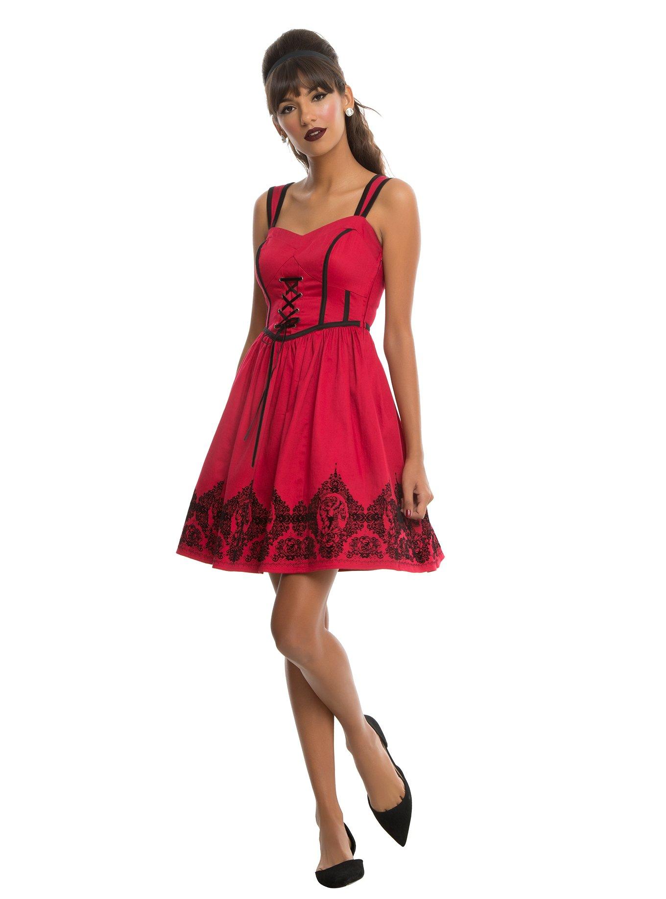 Red & Black Velvet Print Border Ball Gown Dress, , alternate