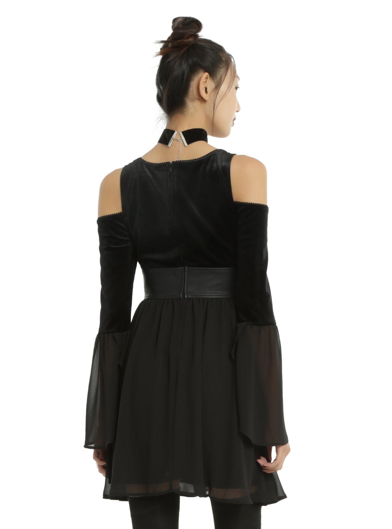 Black Velvet Bell Sleeve Cold Shoulder Dress