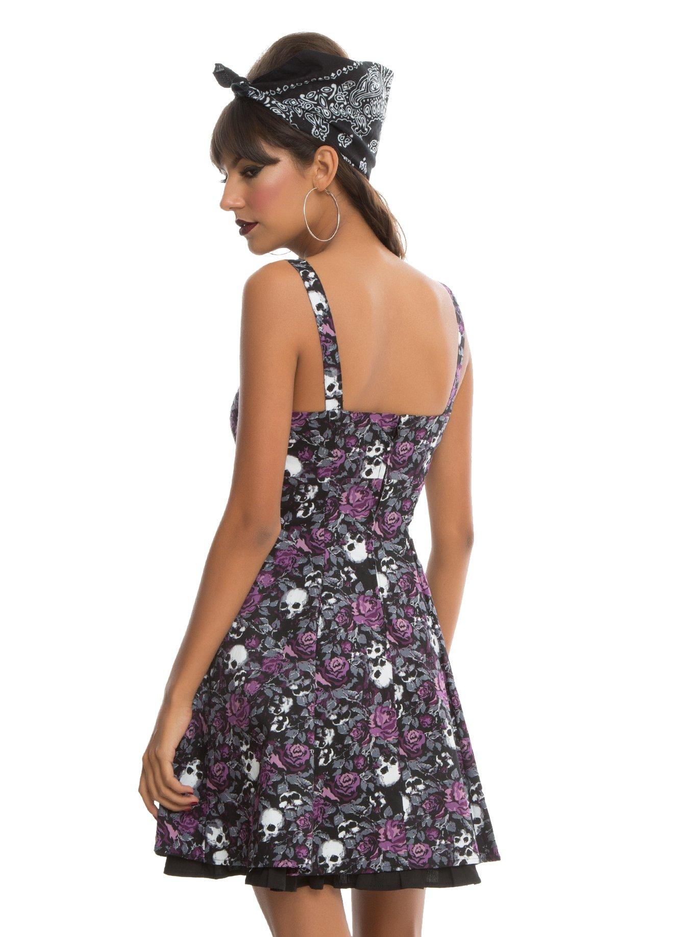 Black & Purple Floral Skull Double Layer Dress, , alternate