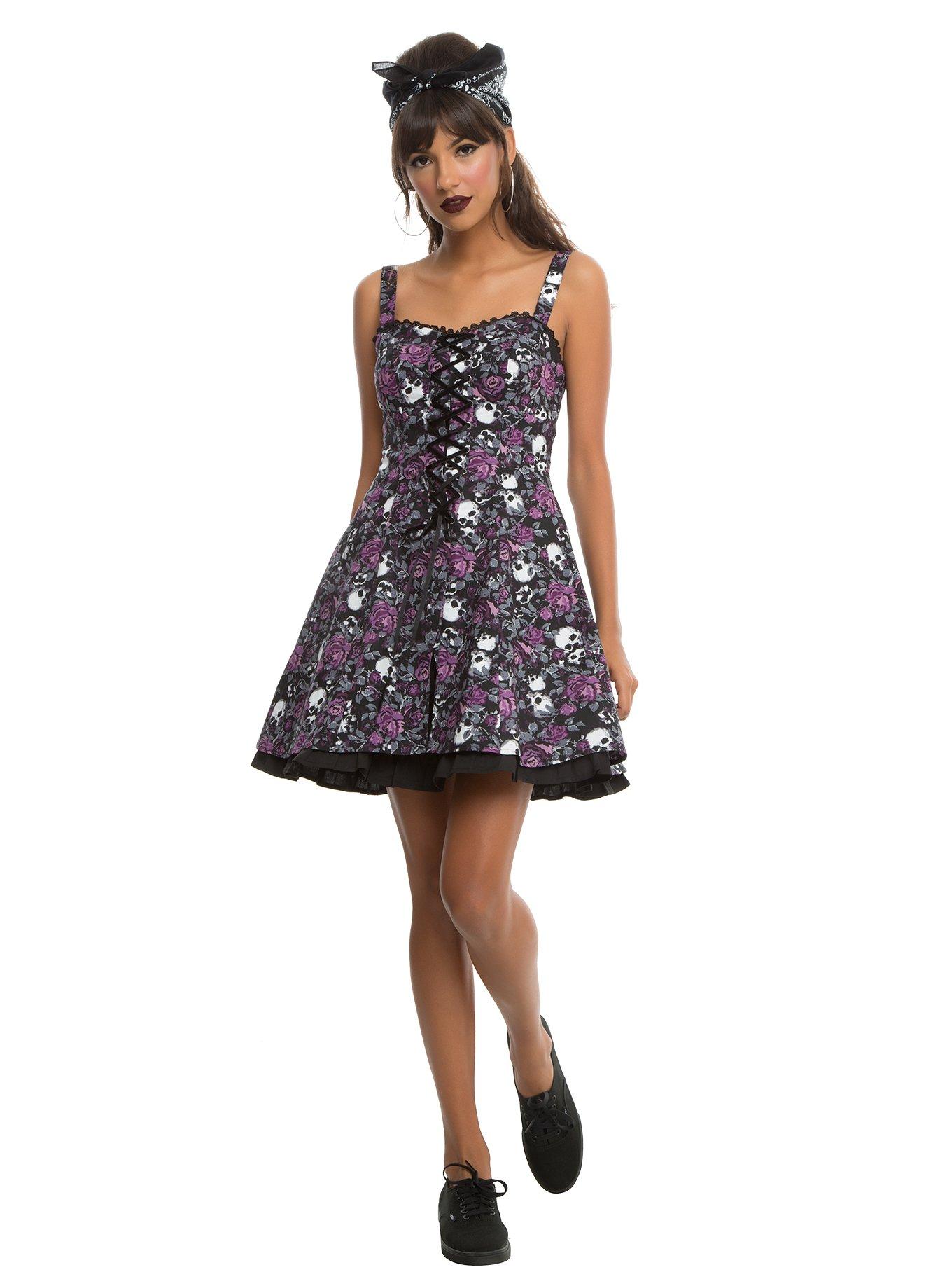 Black & Purple Floral Skull Double Layer Dress, , alternate