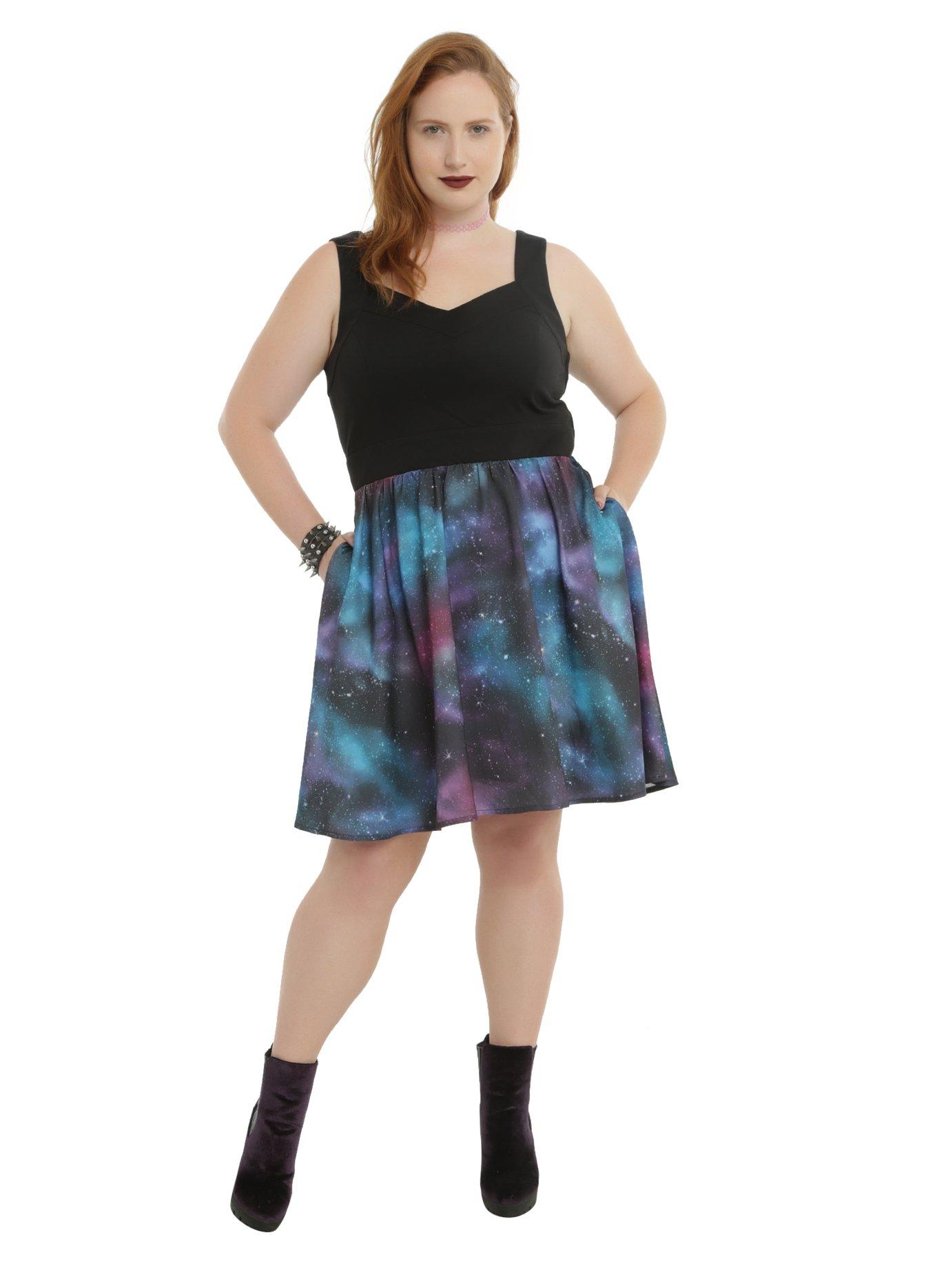 Galaxy Print Skater Dress Plus Size, , alternate