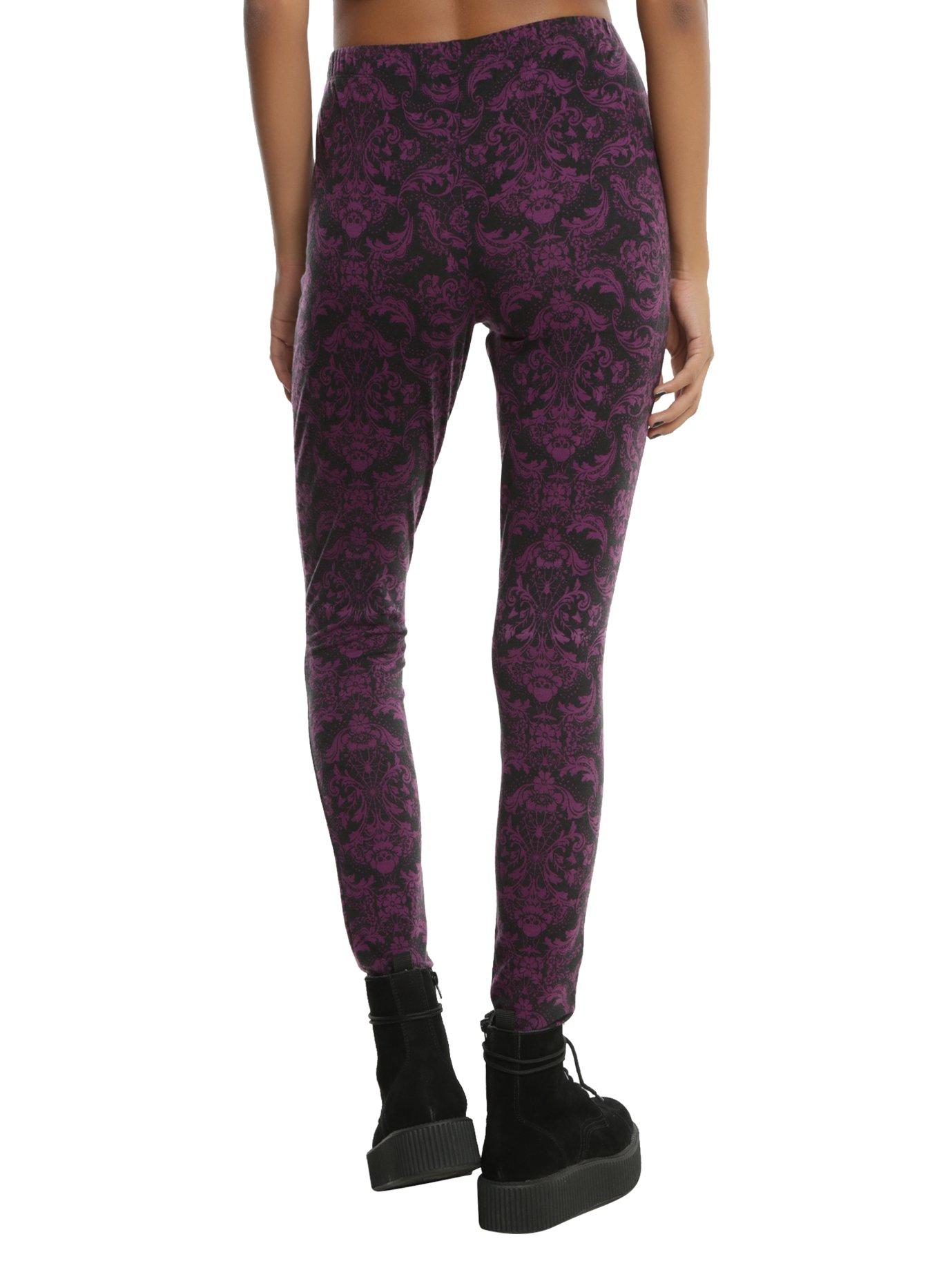 Blackheart Black & Purple Skull Damask Print Leggings, , alternate