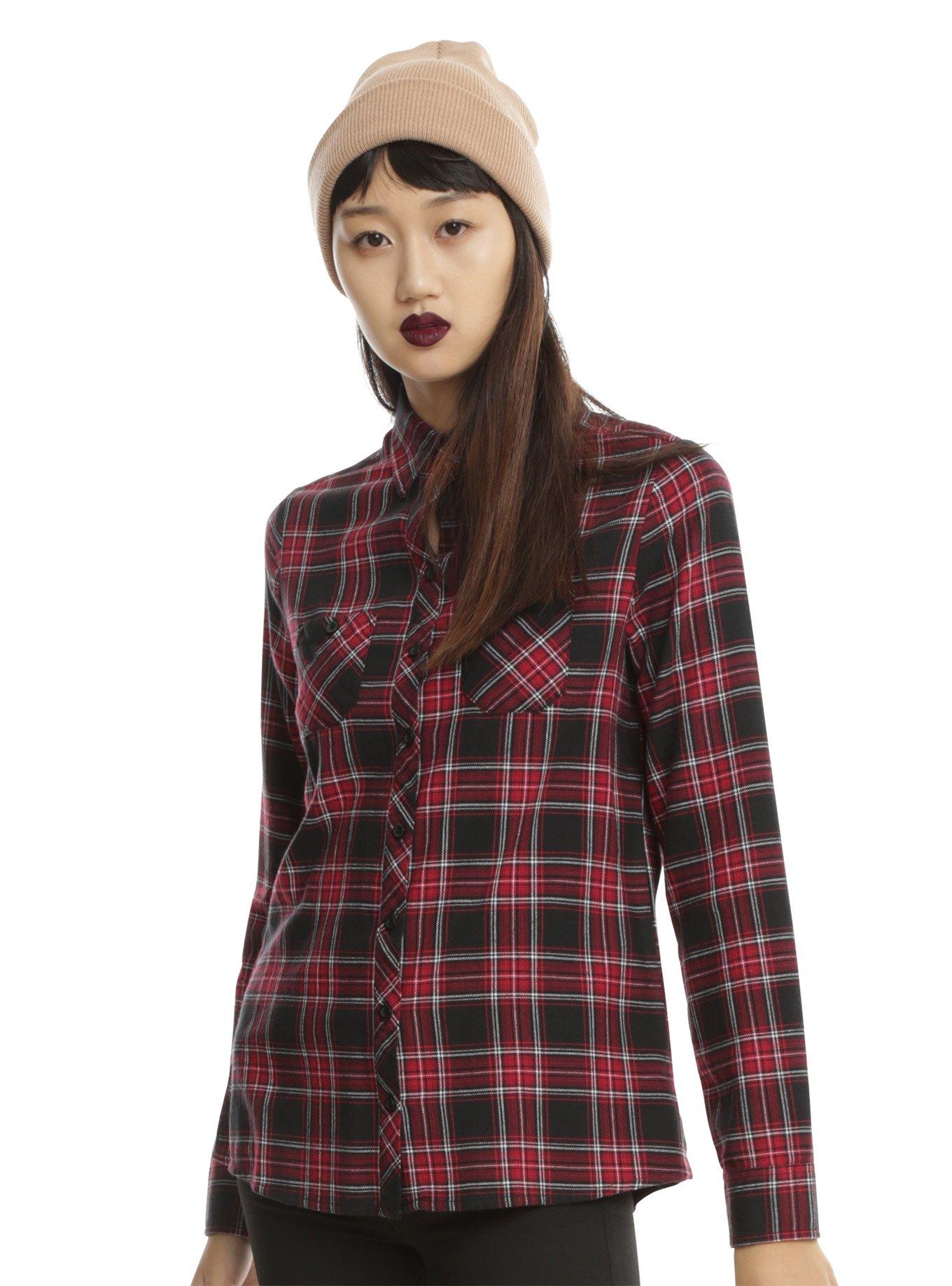 Red Black & White Plaid Studded Skull Girls Woven Button-Up, , alternate