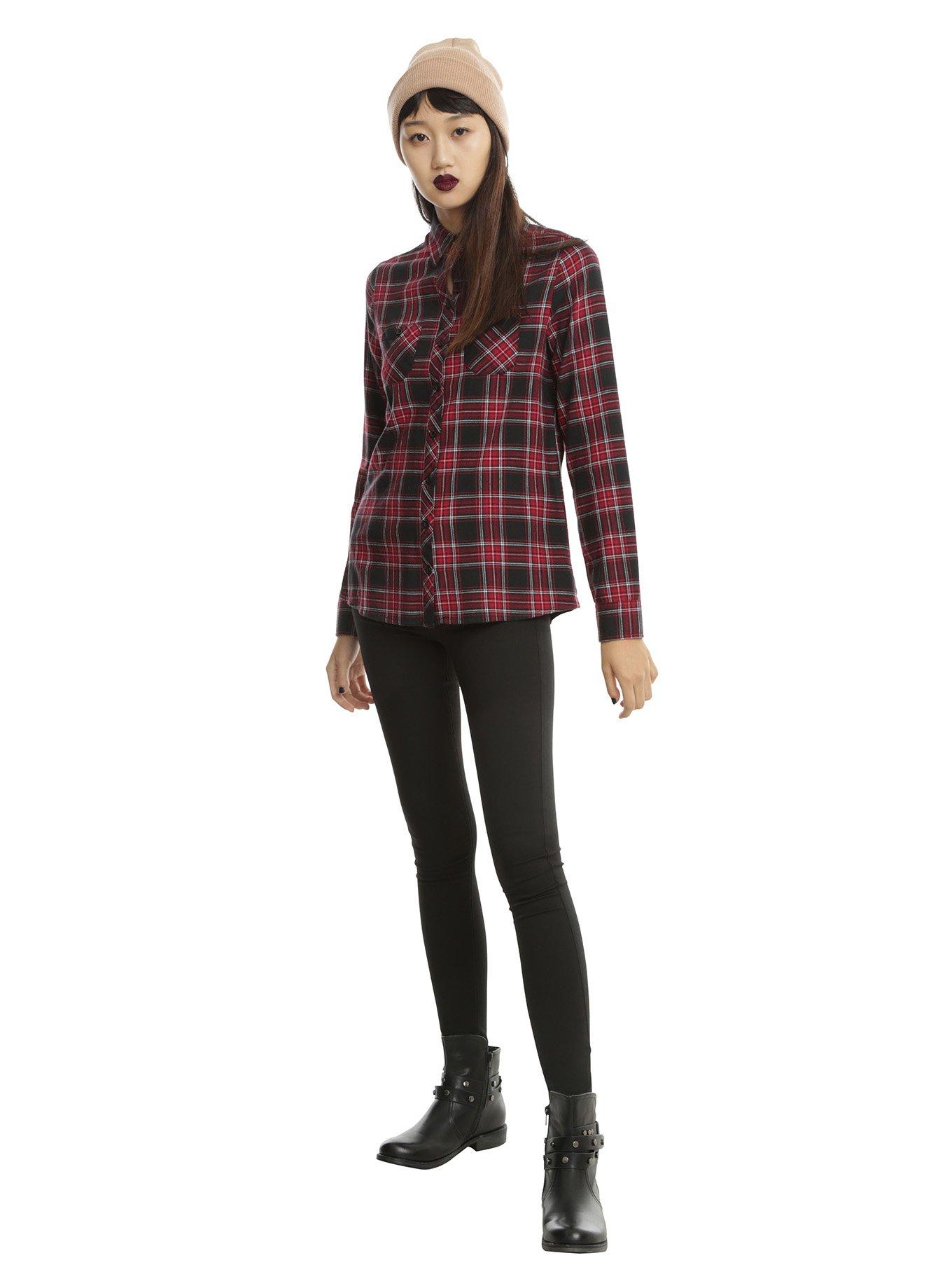 Red Black & White Plaid Studded Skull Girls Woven Button-Up, , alternate