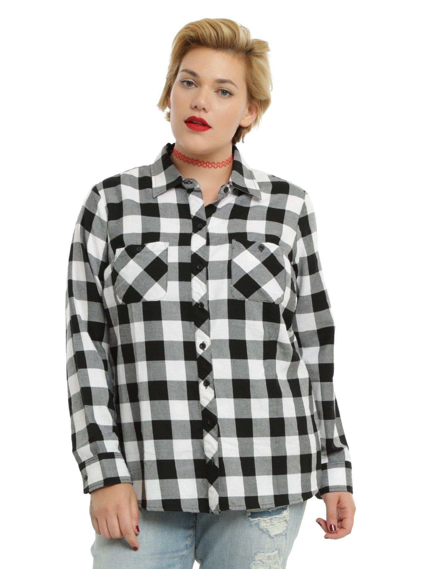 Black & White Plaid Studded Skull Girls Woven Button-Up Plus Size, , alternate