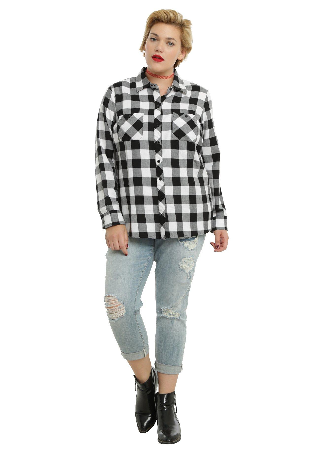 Black & White Plaid Studded Skull Girls Woven Button-Up Plus Size, , alternate