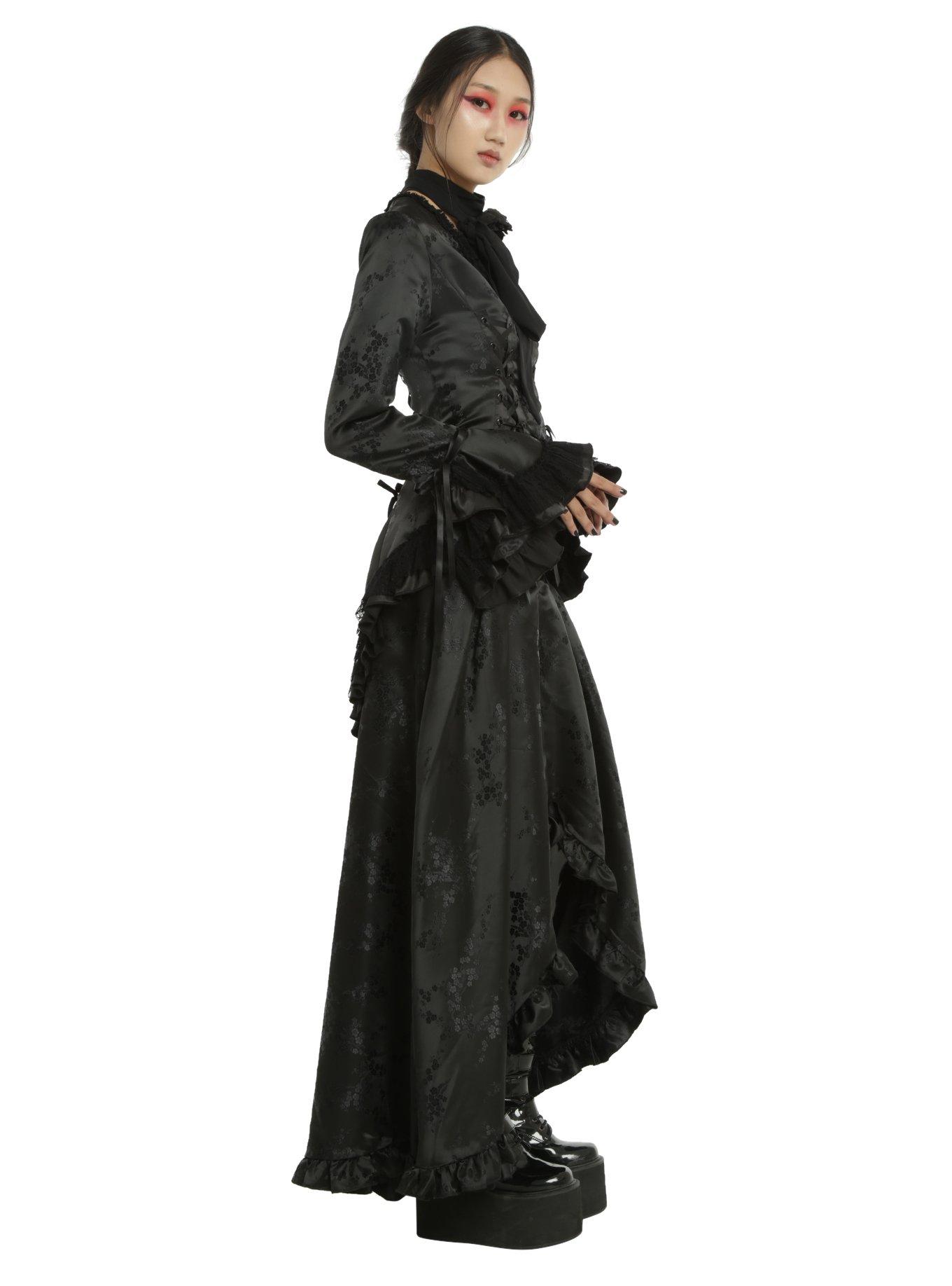 Black Brocade Hi-Low Hem Ruffle Trim Split Tail Jacket, , alternate