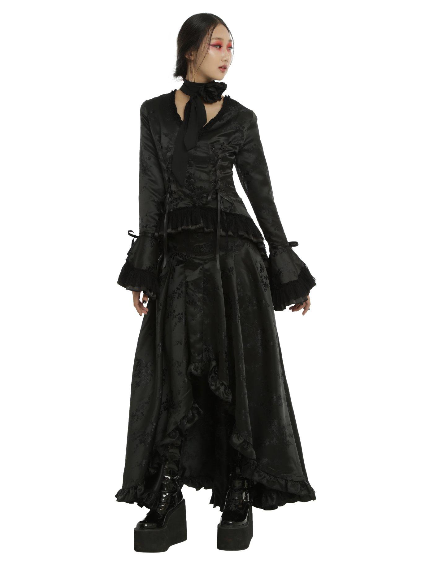 Black Brocade Hi-Low Hem Ruffle Trim Split Tail Jacket, , alternate