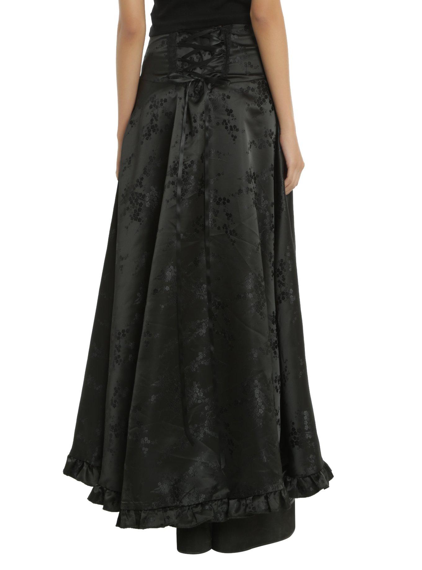 Black Brocade Hi-Low Ruffle Hem Maxi Skirt, , alternate