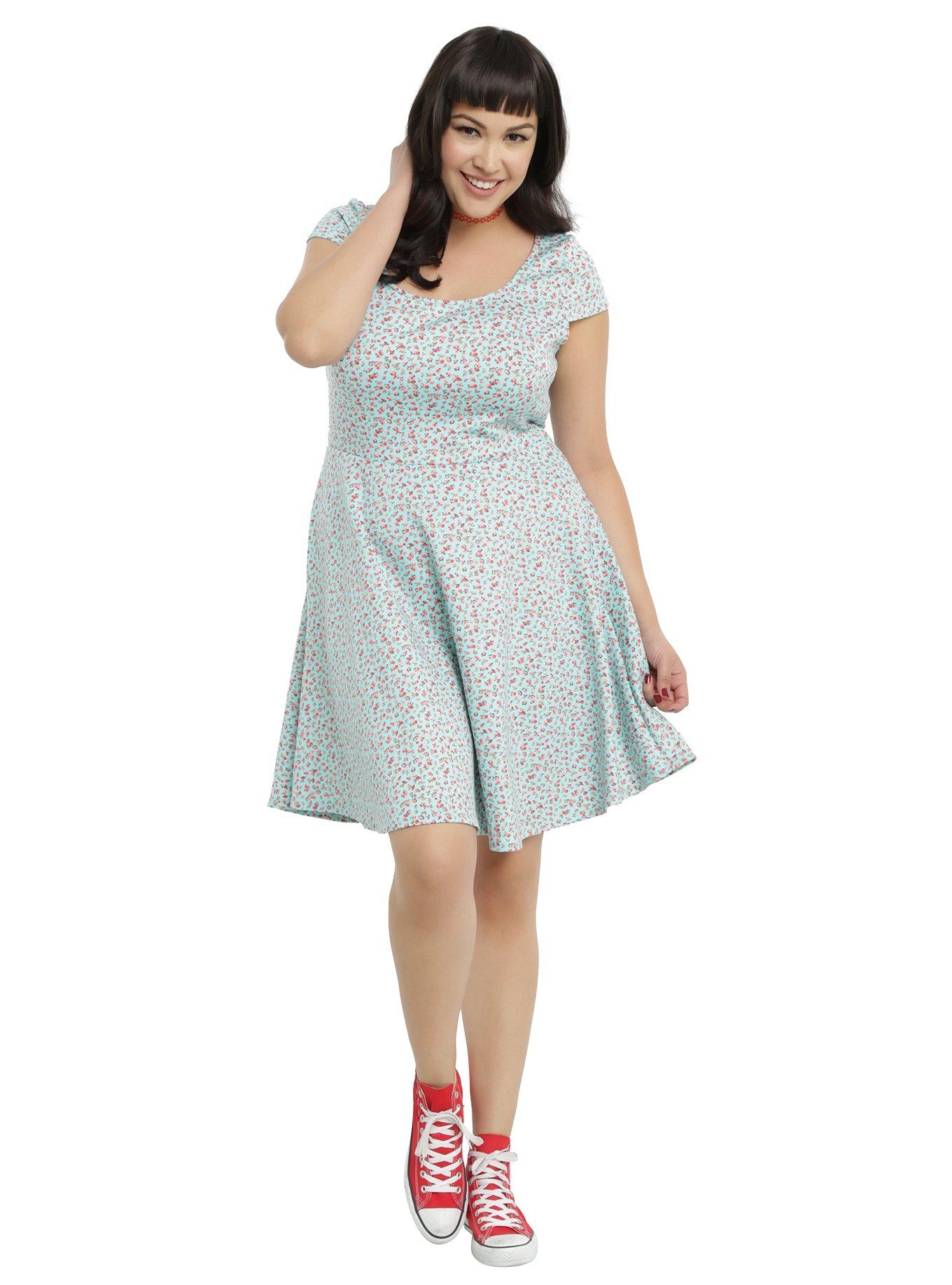 Teal And Pink Floral Skater Dress Plus Size, , alternate