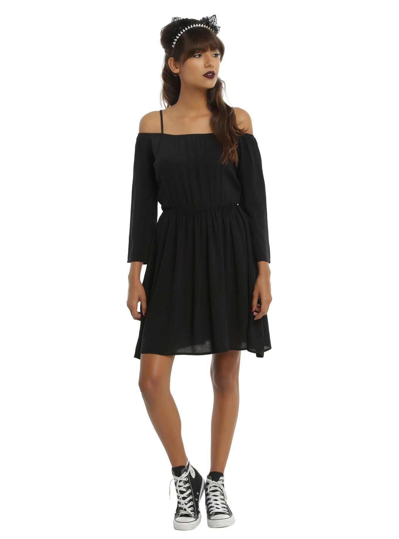 Black Boho Cold Shoulder Dress, , alternate