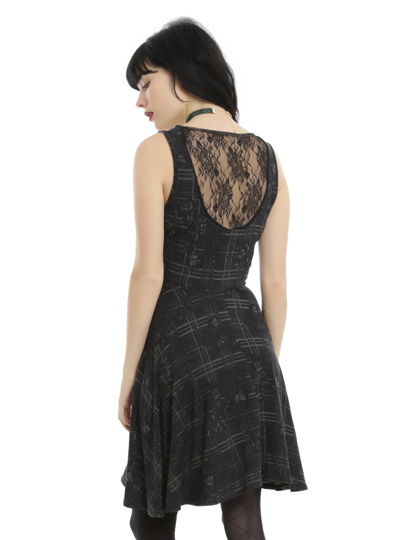 Black & Grey Floral Plaid Skater Dress, , alternate