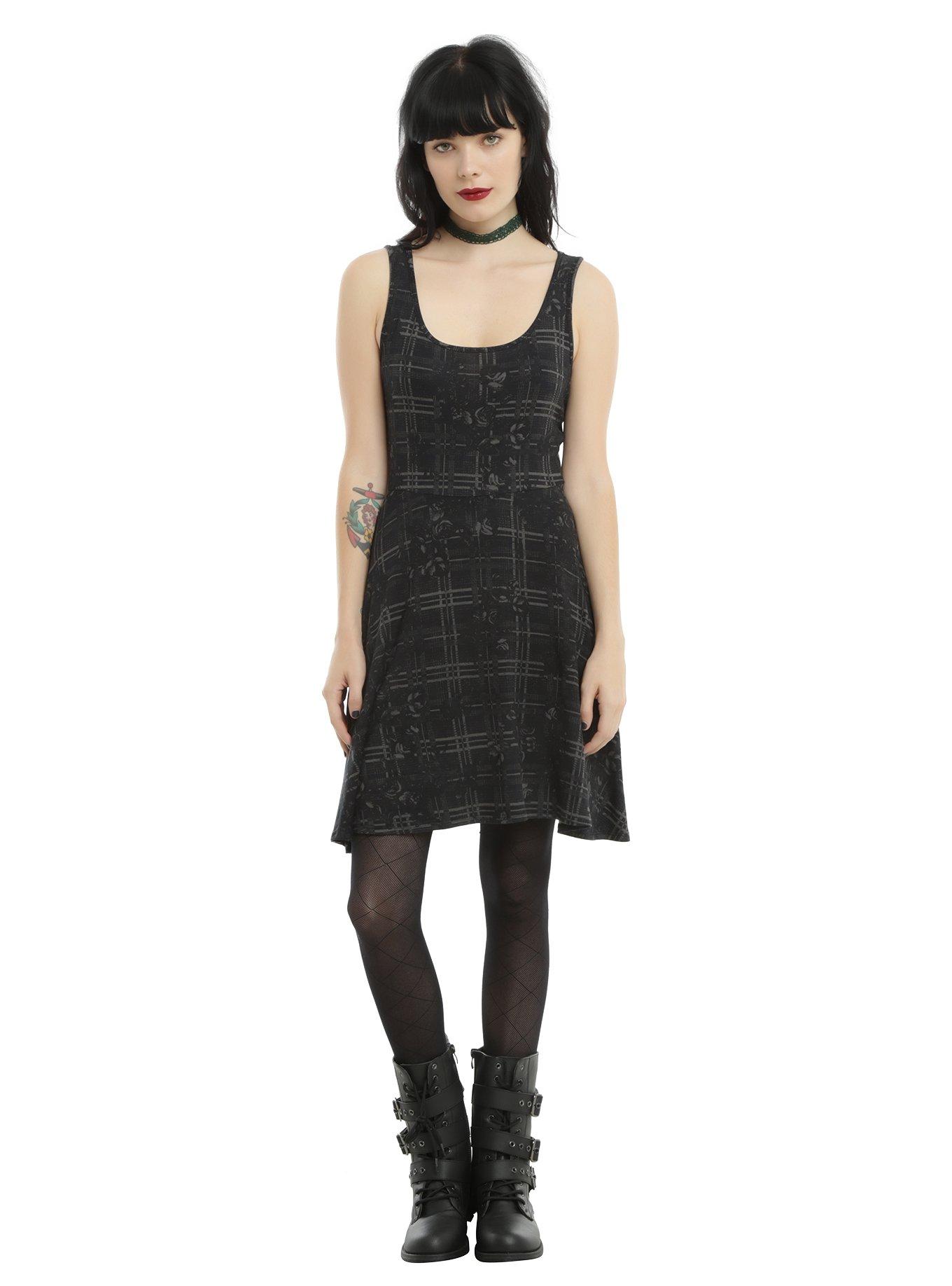 Black & Grey Floral Plaid Skater Dress, , alternate