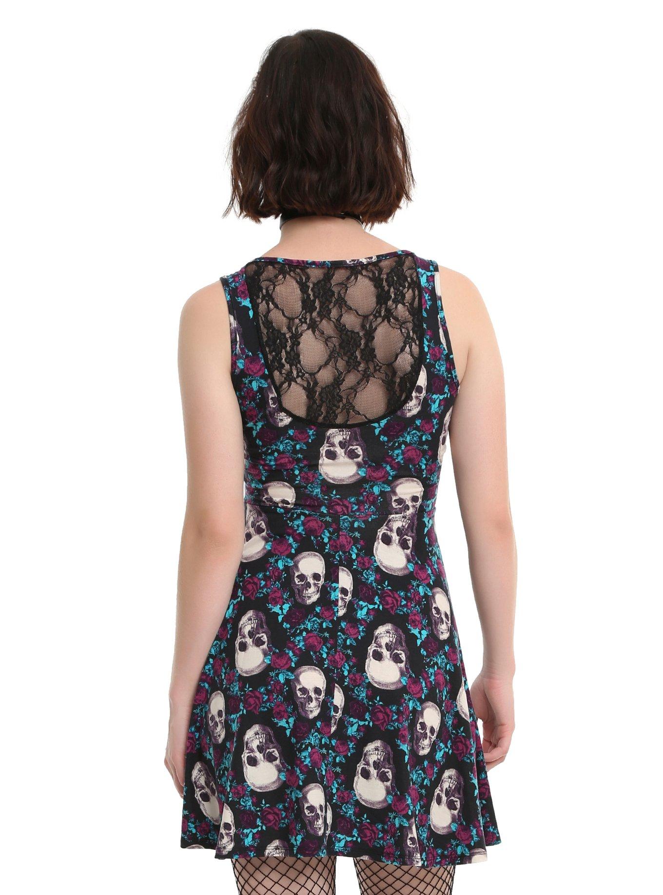 Black Floral Lace Back Skull Print Dress, , alternate