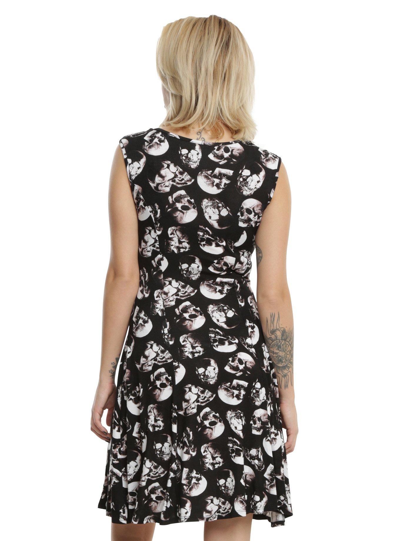 Black & White Skull Print Lace Cap Sleeve Dress, , alternate