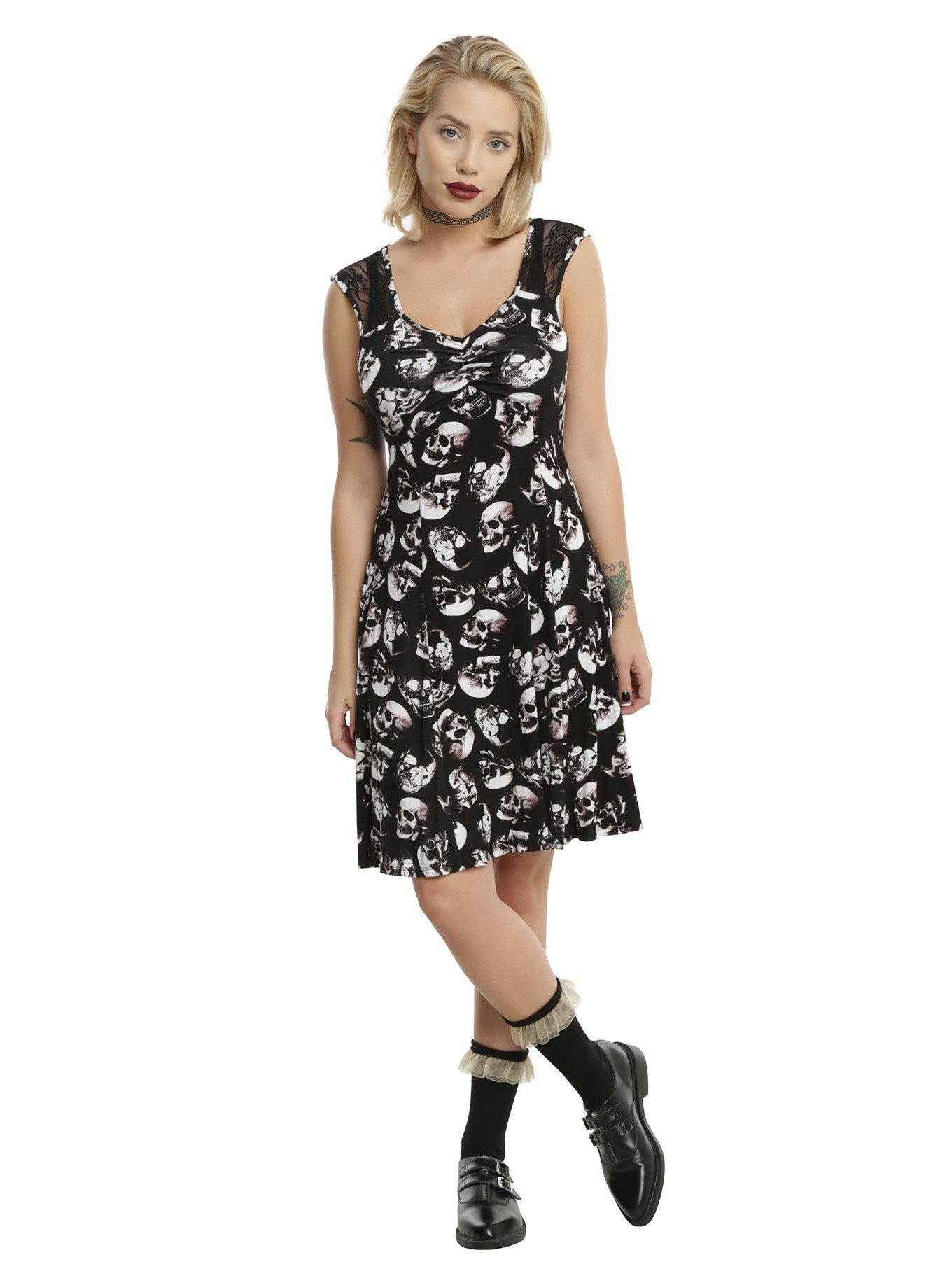Black & White Skull Print Lace Cap Sleeve Dress, , alternate