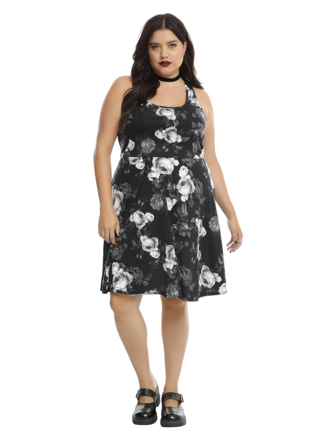 Black Floral Crochet Back Skater Dress Plus Size, , alternate