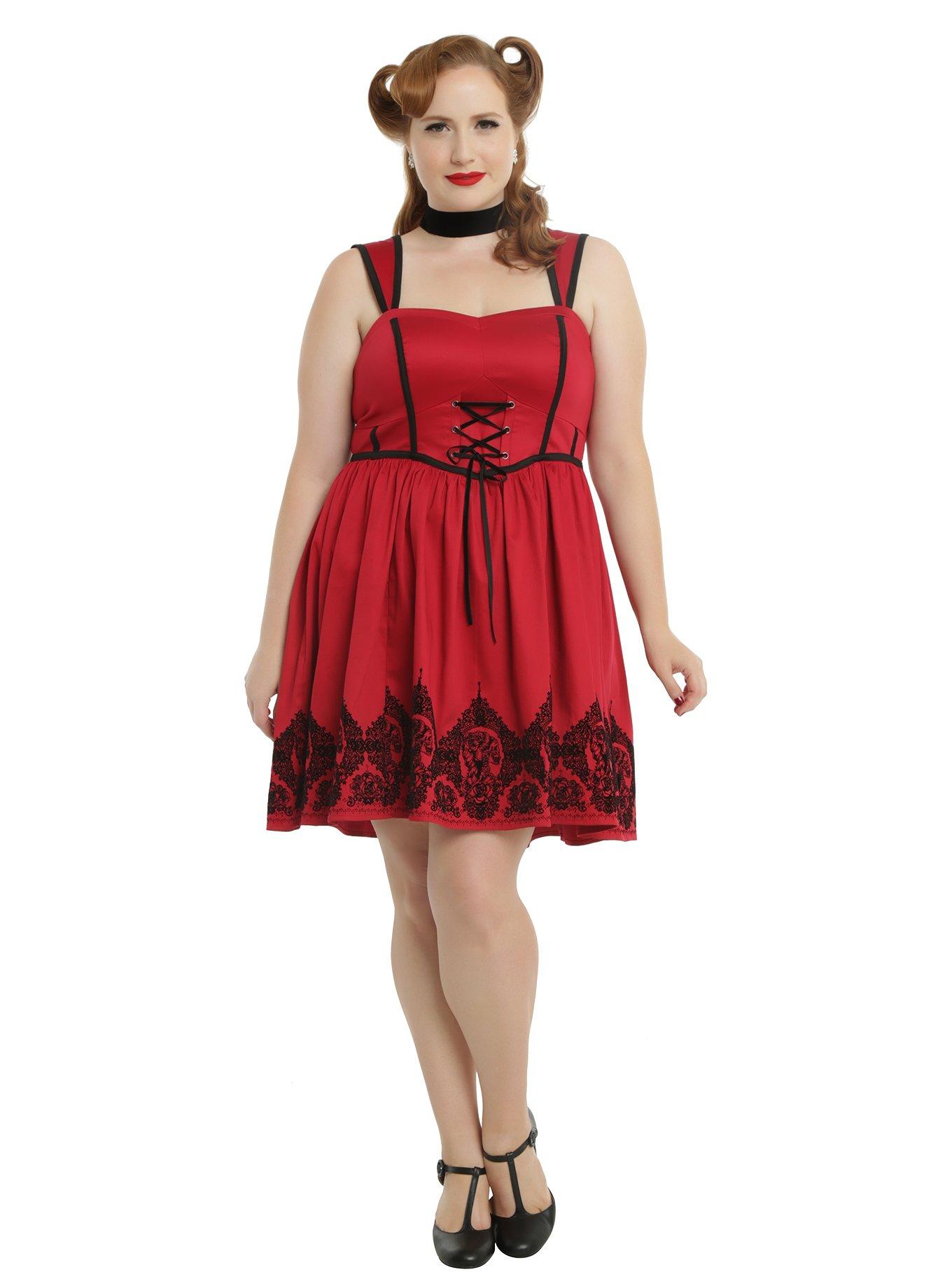 Red & Black Velvet Border Print Ball Gown Plus Size, , alternate