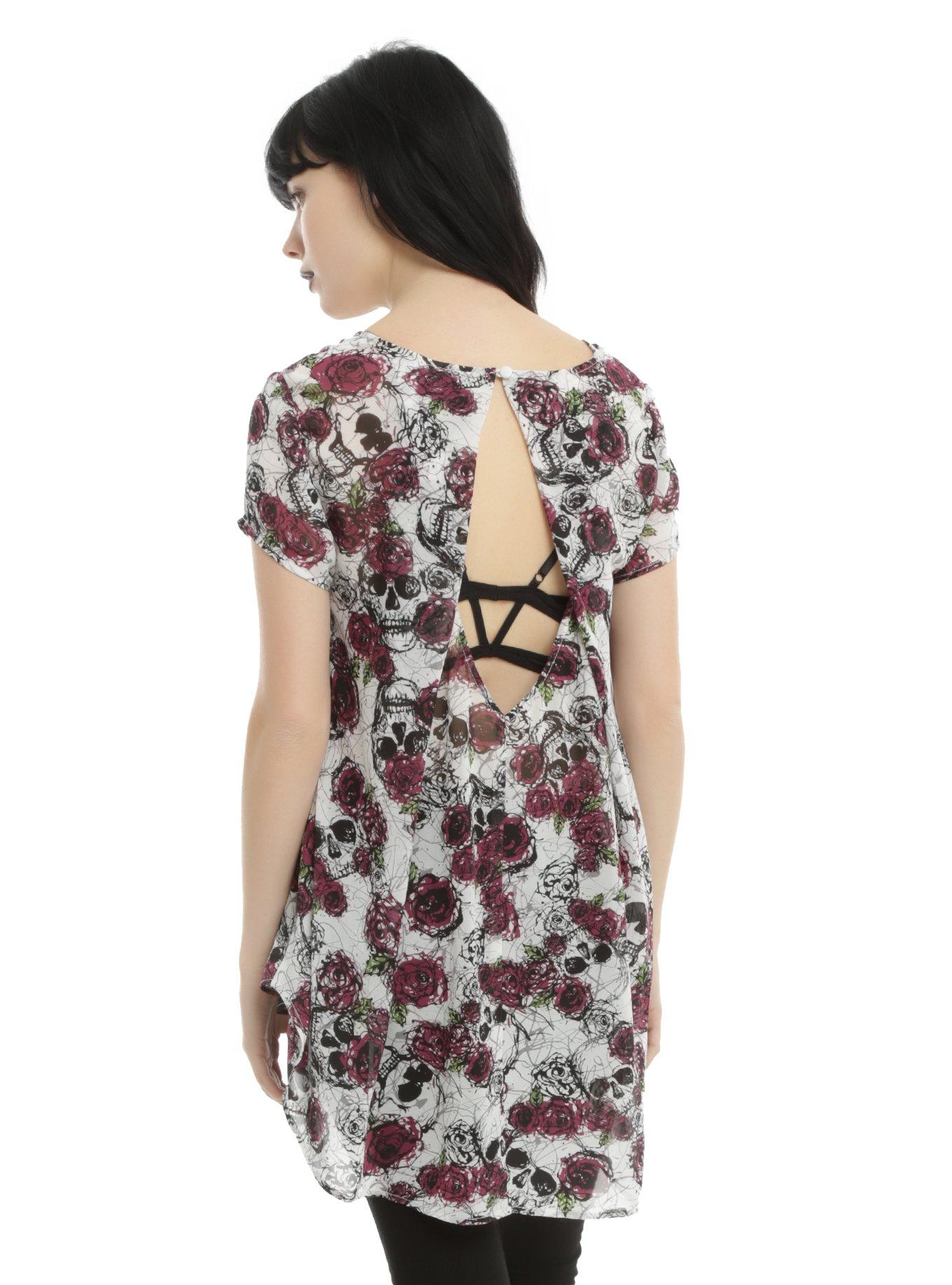 Burgundy & Black Floral Skull Chiffon Girls Hi-Low Hem Top, , alternate