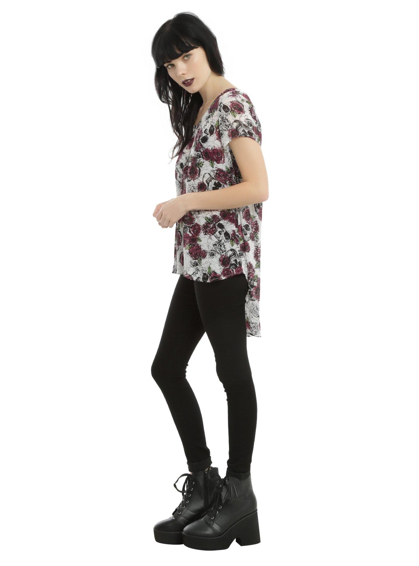 Burgundy & Black Floral Skull Chiffon Girls Hi-Low Hem Top, , alternate