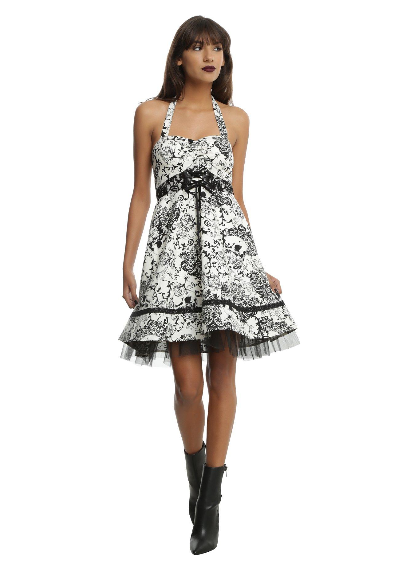 Black & Ivory Sweetheart Halter Skull Dress, , alternate