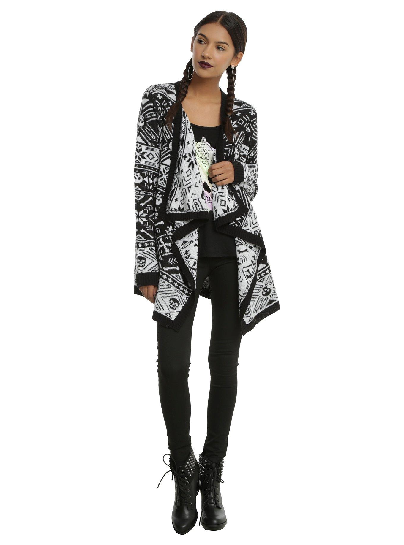 Black & White Skull Fair Isle Girls Flyaway Cardigan, , alternate