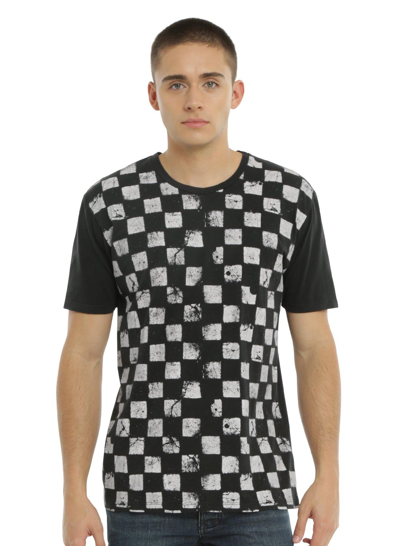 XXX RUDE Black & White Distressed Checker Print T-Shirt, , alternate