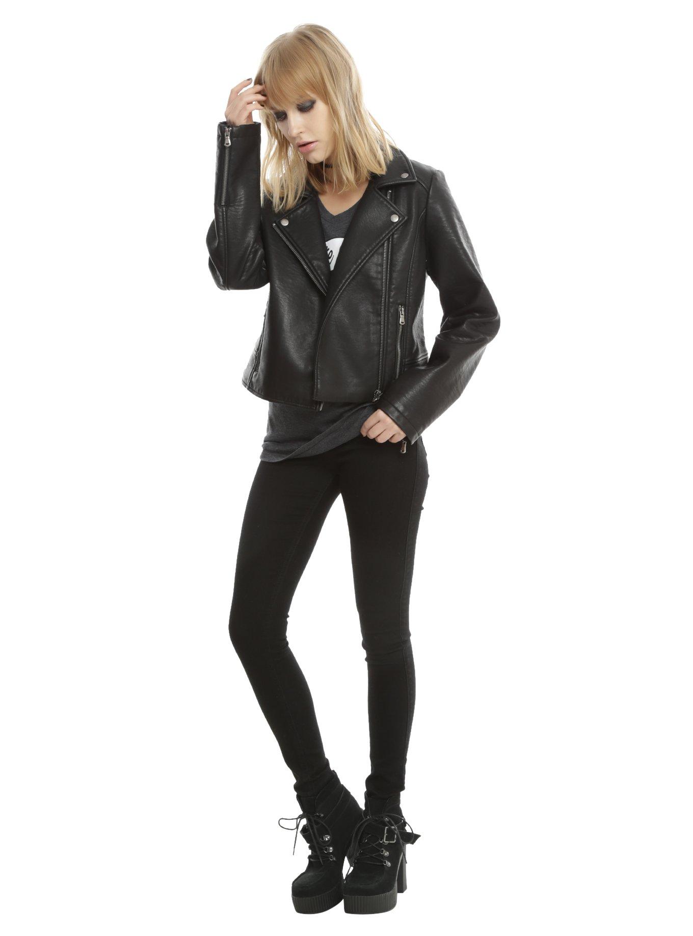 Black Faux Leather Girls Motorcycle Jacket, , alternate