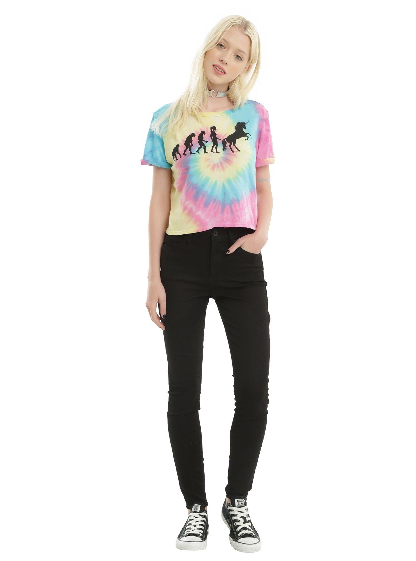 Tie Dye Unicorn Evolution Girls Crop T-Shirt, , alternate