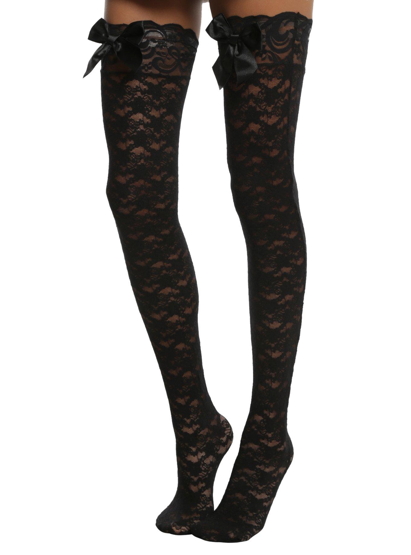 Blackheart Black Bow Lace Thigh Highs, , alternate