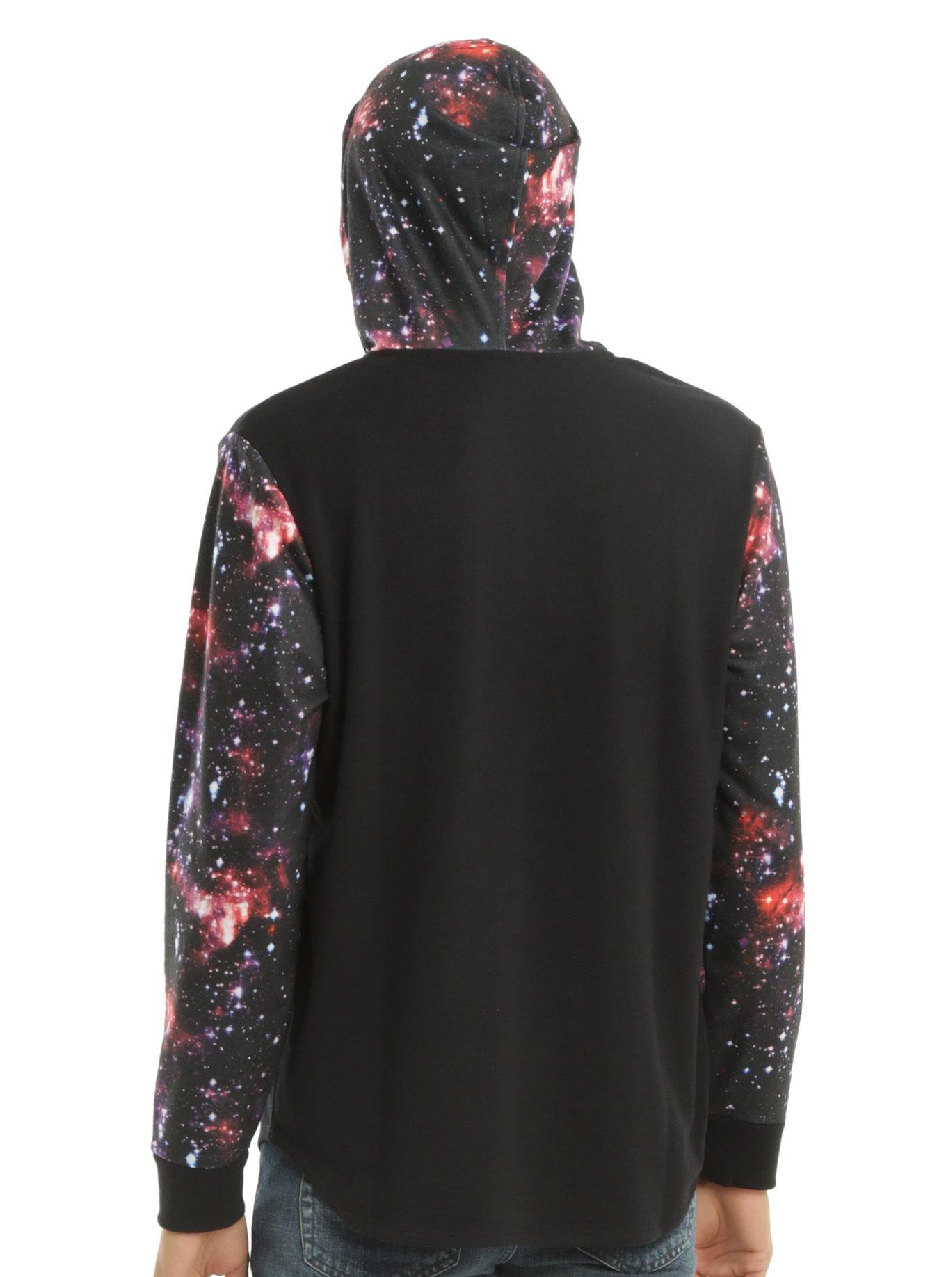 Galaxy Print Sleeves Henley Hoodie, , alternate