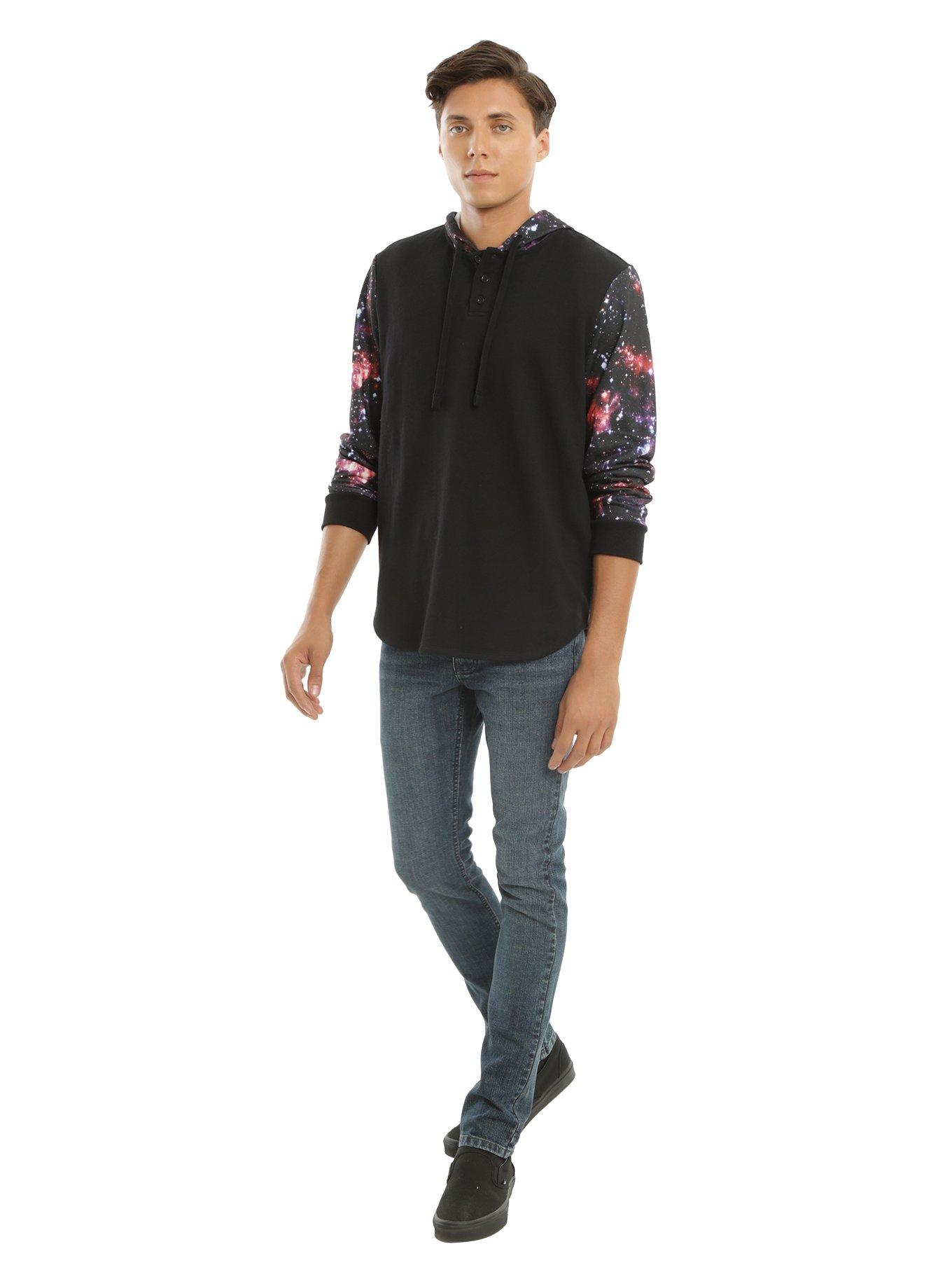 Galaxy Print Sleeves Henley Hoodie, , alternate