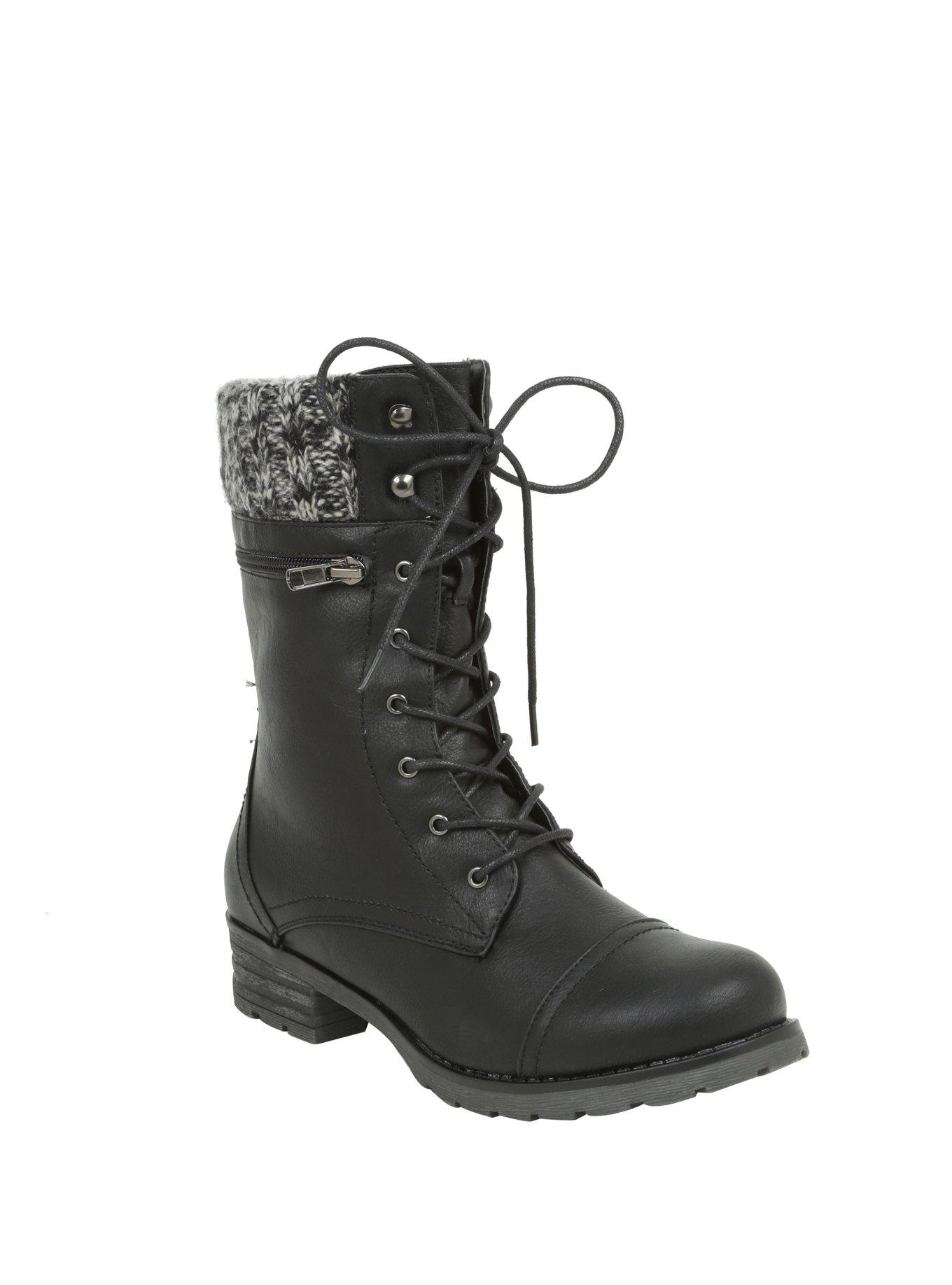 Black Sweater Accent Combat Boots, , alternate
