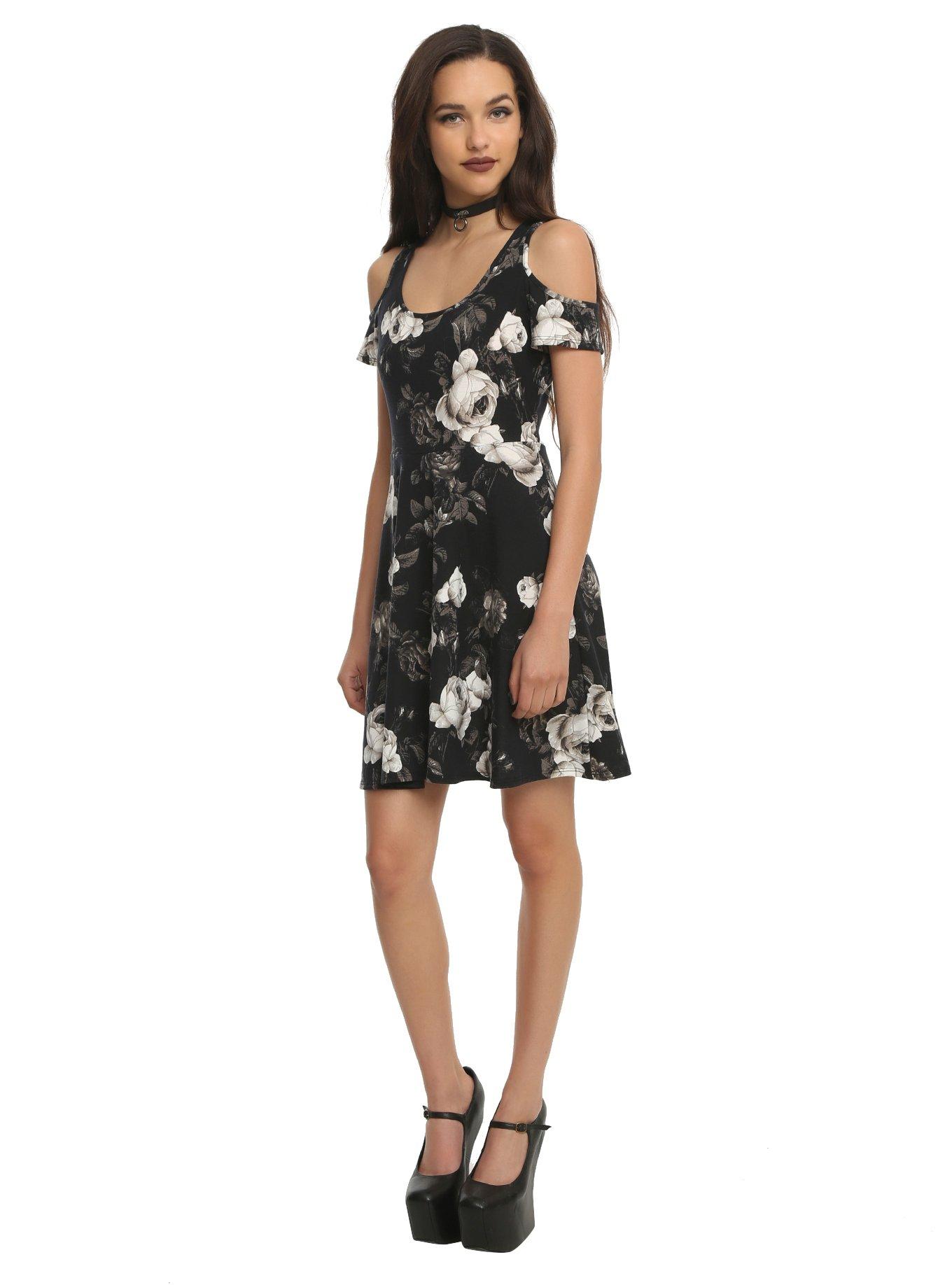 Floral Black And White Print Cold Shoulder Dress, , alternate