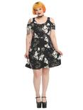 Floral Black And White Print Cold Shoulder Dress Plus Size, , alternate