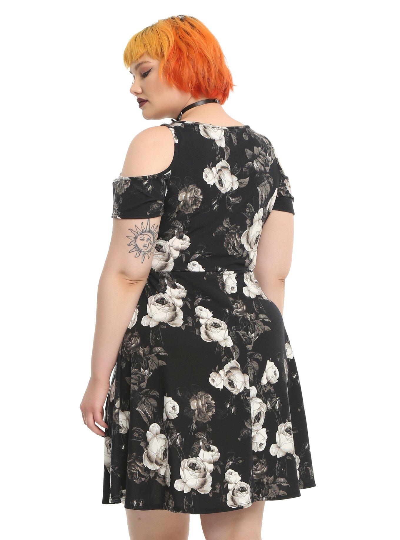 Floral Black And White Print Cold Shoulder Dress Plus Size, , alternate