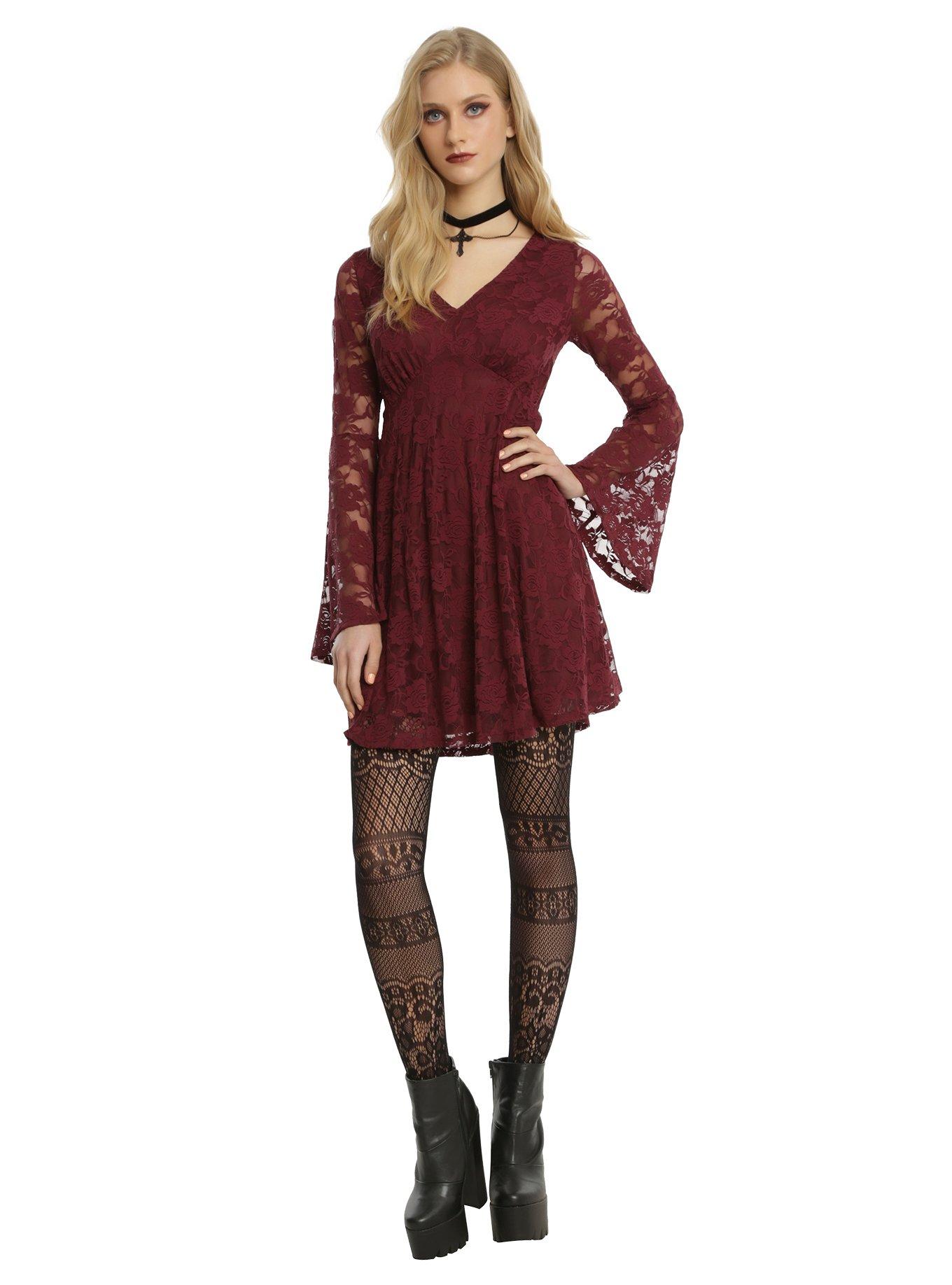 Burgundy Lace Bell Sleeve Dress, , alternate