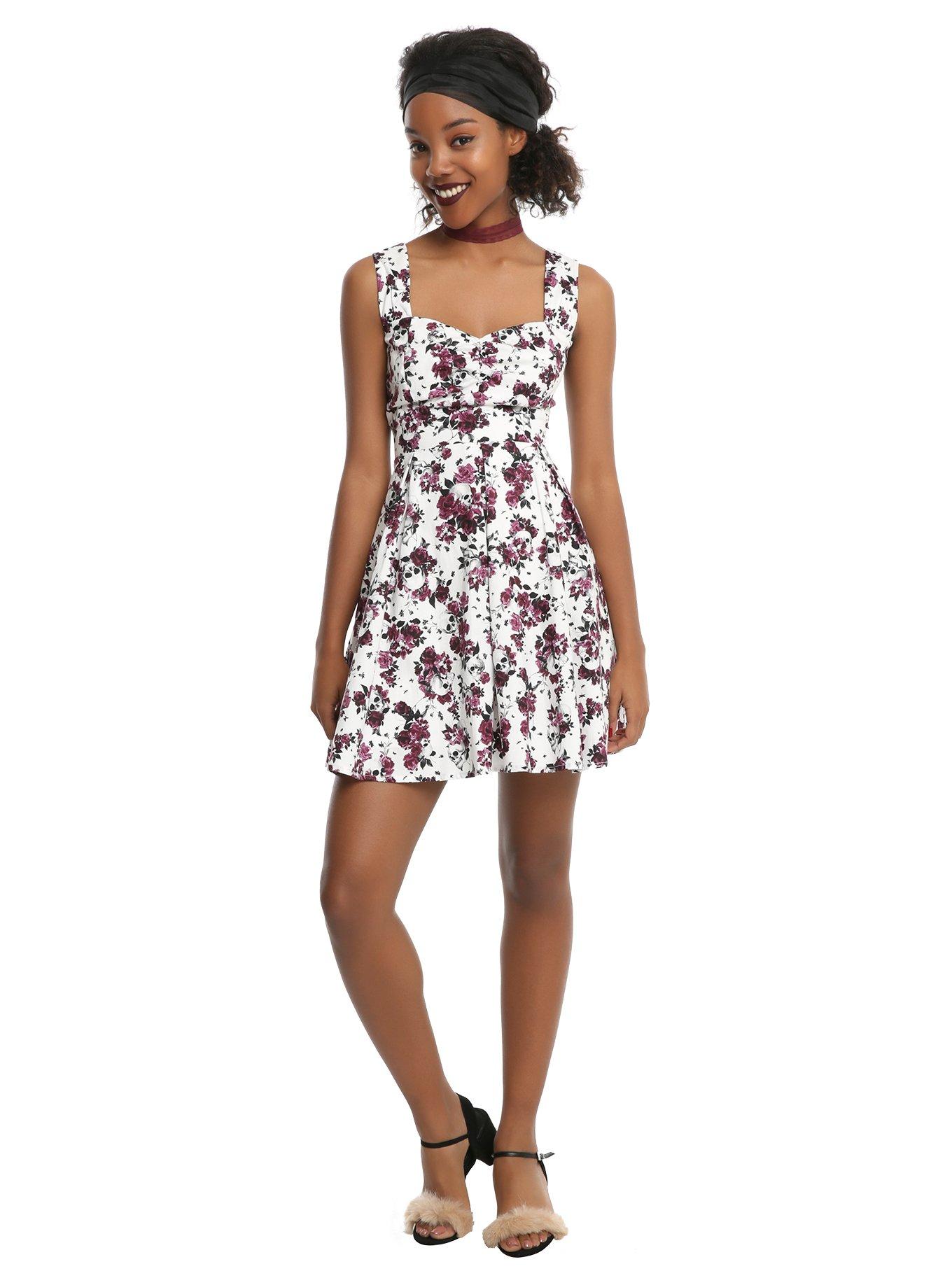 White Skull & Floral Print Fit & Flare Dress, , alternate