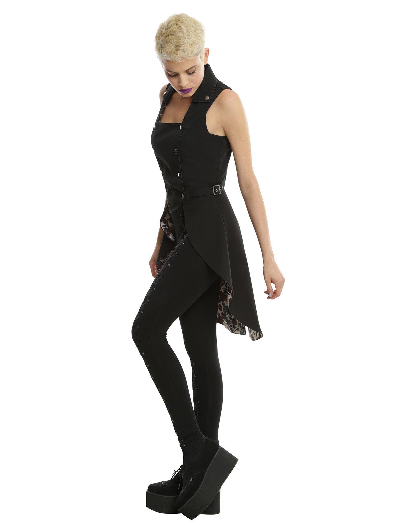 Black Snap Front Split Back Girls Long Vest | Hot Topic