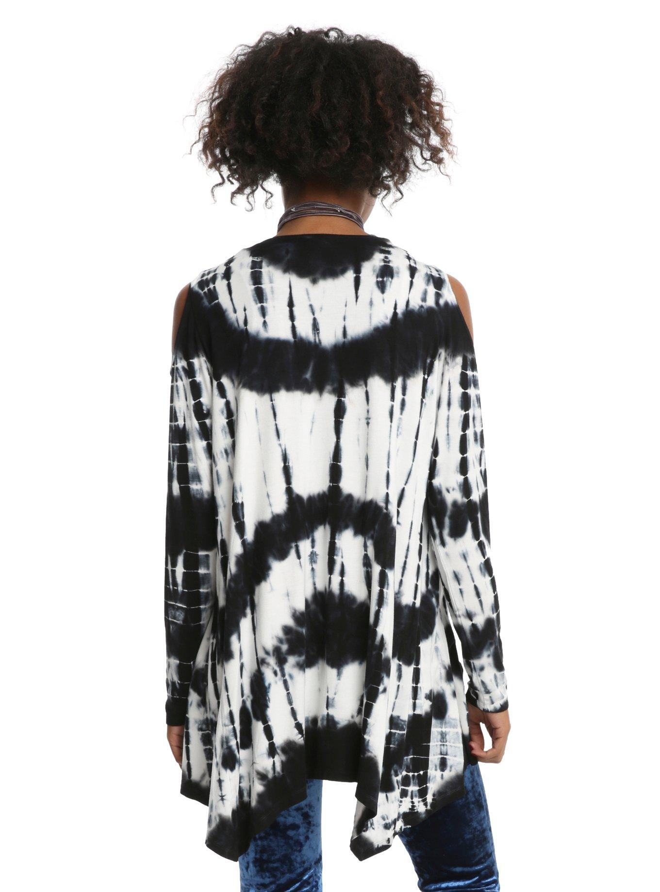 Black & White Tie Dye Cold Shoulder Girls Flyaway Cardigan, , alternate