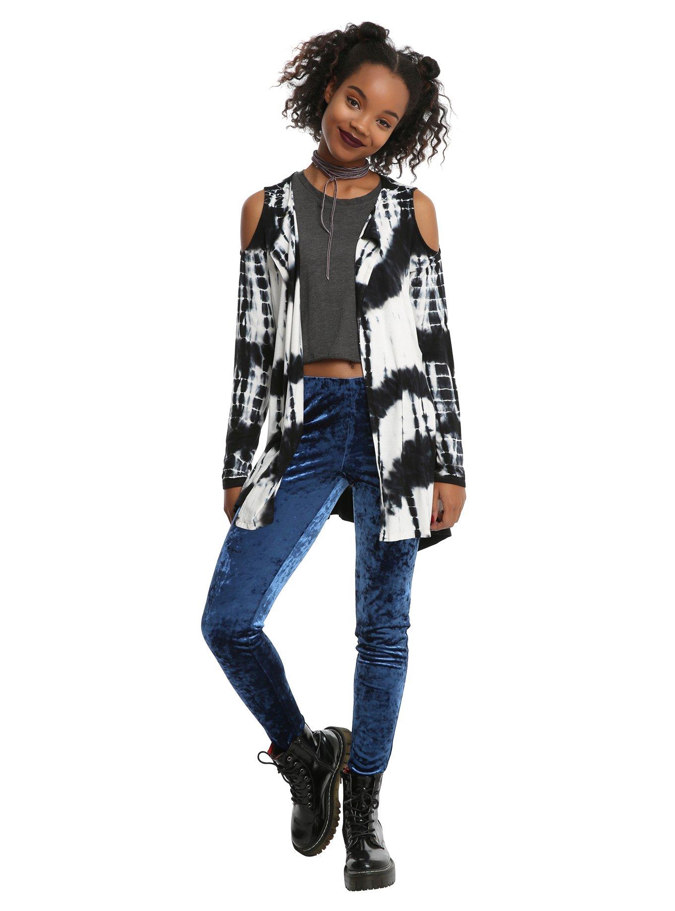 Black & White Tie Dye Cold Shoulder Girls Flyaway Cardigan, , alternate