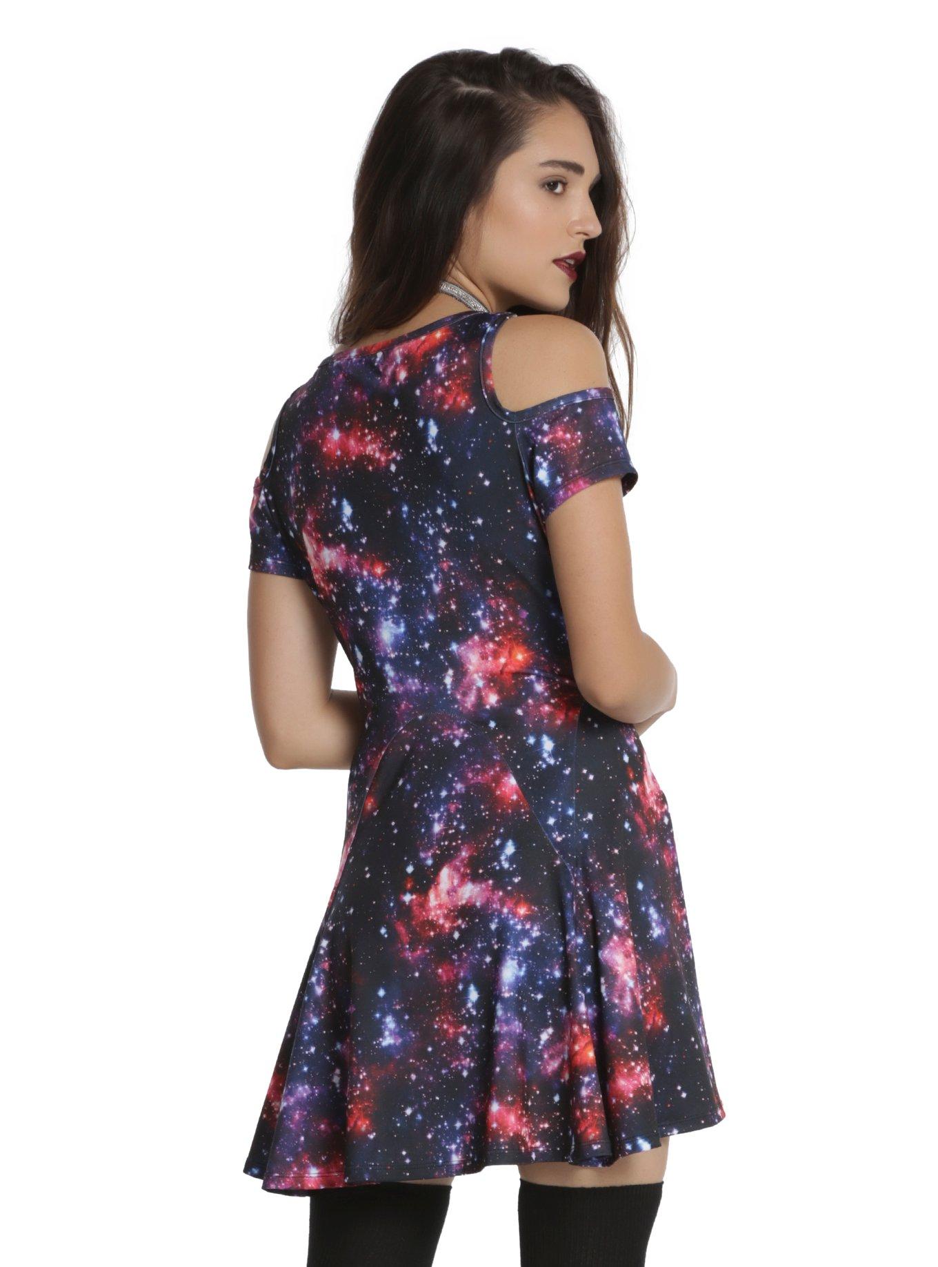 Galaxy Print Cold Shoulder Dress, , alternate