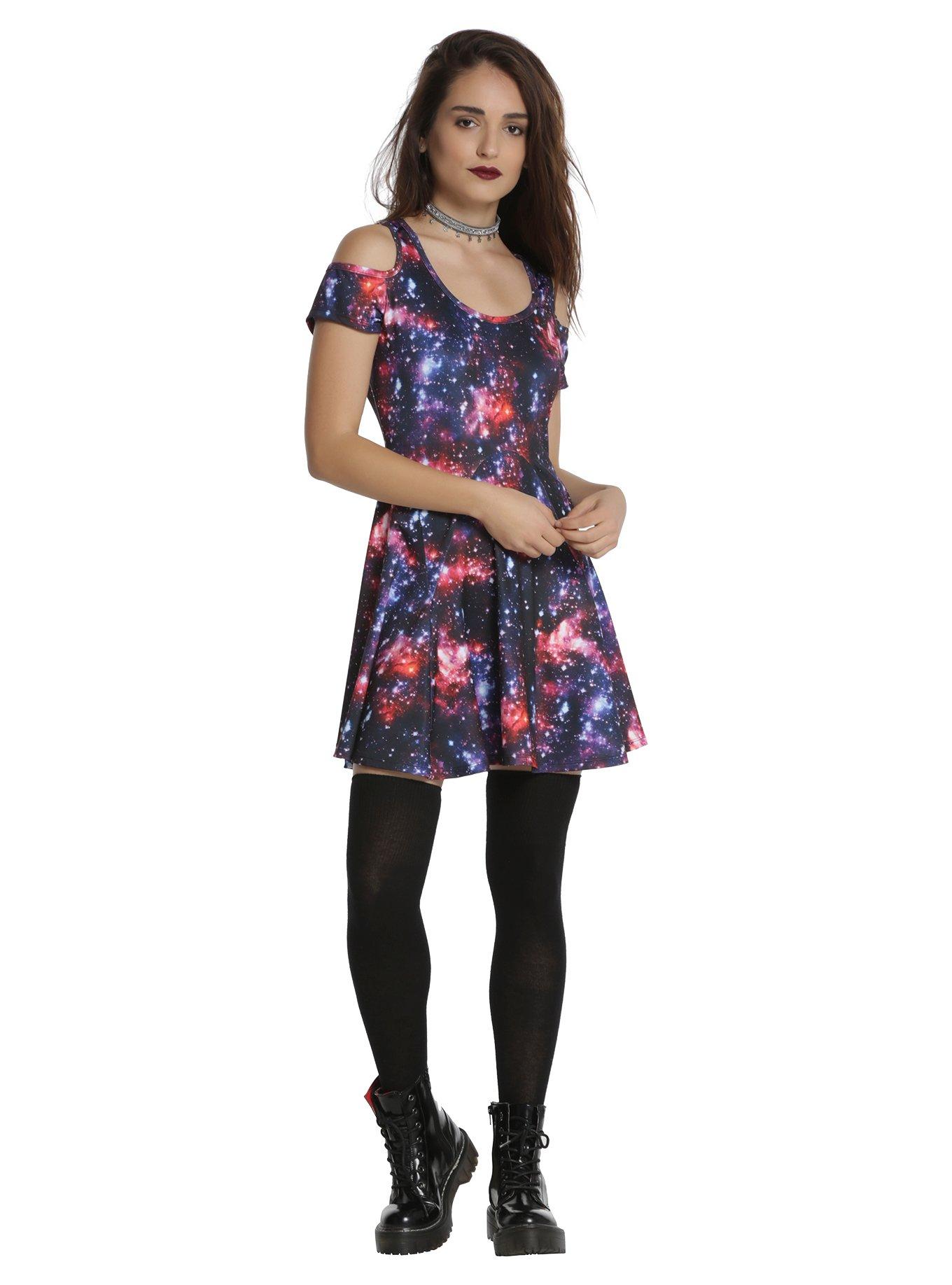 Galaxy Print Cold Shoulder Dress, , alternate