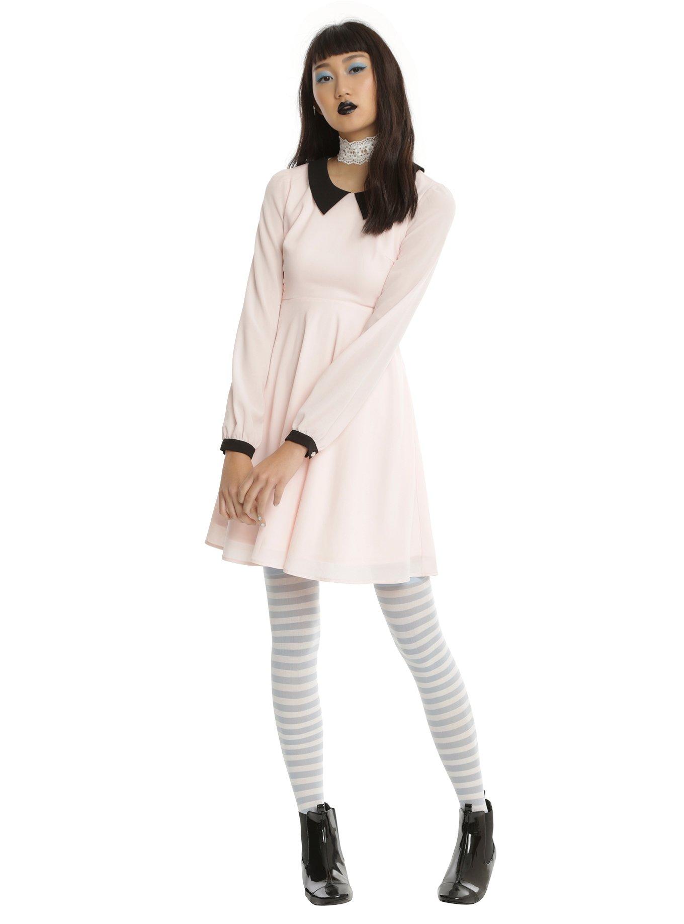 Blush & Black Collared Long-Sleeved Fit & Flare Dress, , alternate