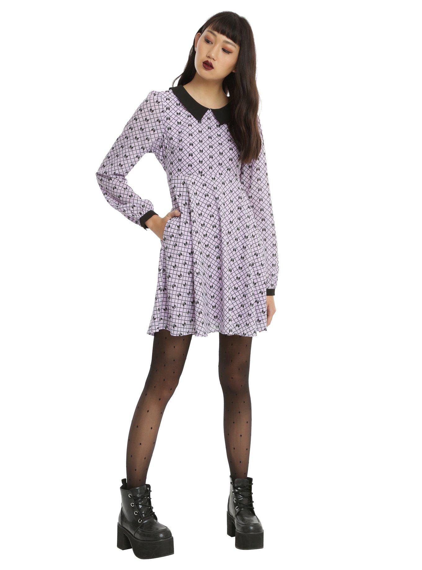 Lavender & Black Collar Bow Print Fit & Flare Dress, , alternate