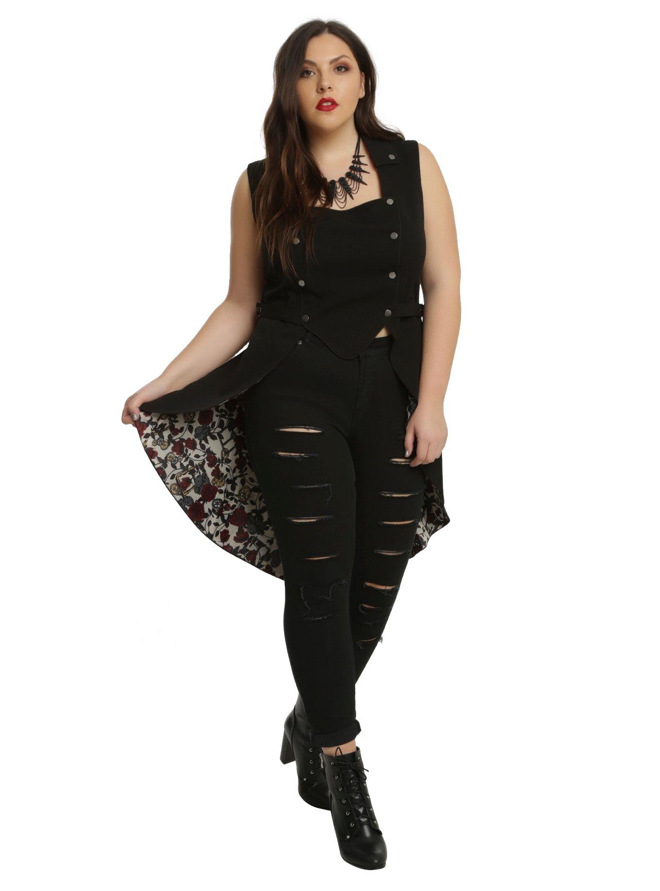 Black Snap Front Split Back Girls Long Vest Plus Size, , alternate